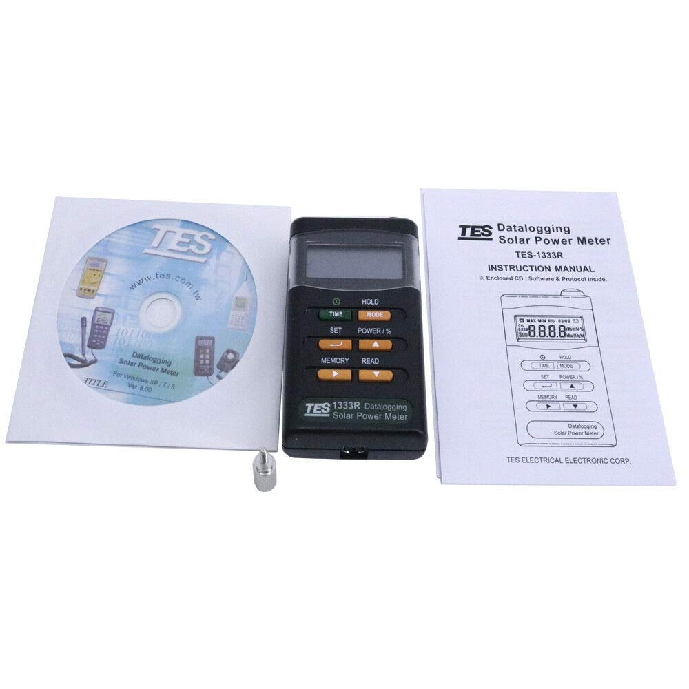 TES-1333R Digital Solar Power Meter with Data Logging - Solar Radiation Detector & Energy Tester for Solar Panels, RS-232 Interface - Perfect for Solar Energy Monitoring, PV System Testing, and Renewable Energy Research