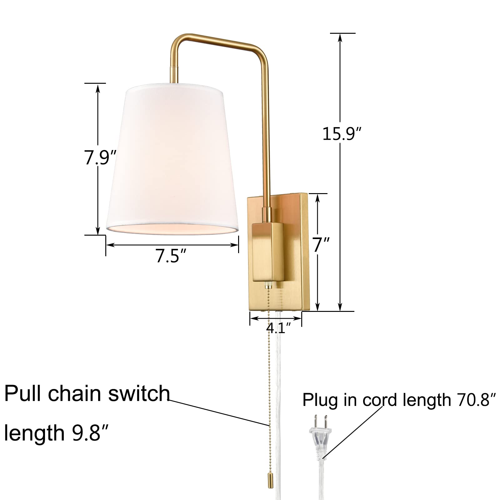 Gold Fabric Shade Wall Sconce - Set of 2 Plug-in Wall Lamps for Bedroom, Living Room & Hallway - Elegant Lighting Fixture with Soft Glow for Cozy Ambiance