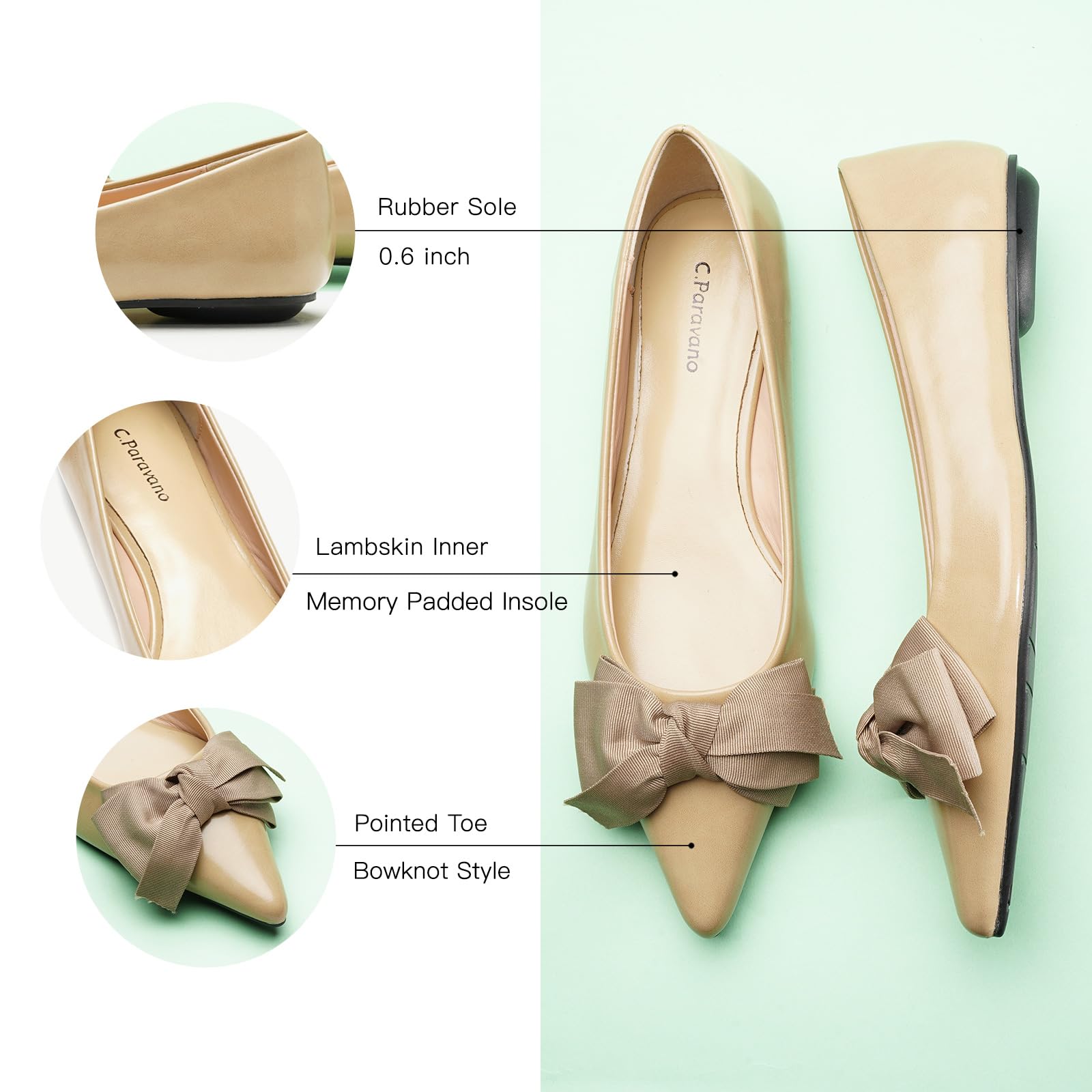C.Paravano Women's Pointy Bow Flats - Comfortable & Stylish Slip-On Shoes for Casual Wear, Office & Work | Perfect for Business Attire, Daily Outfits & Special Occasions