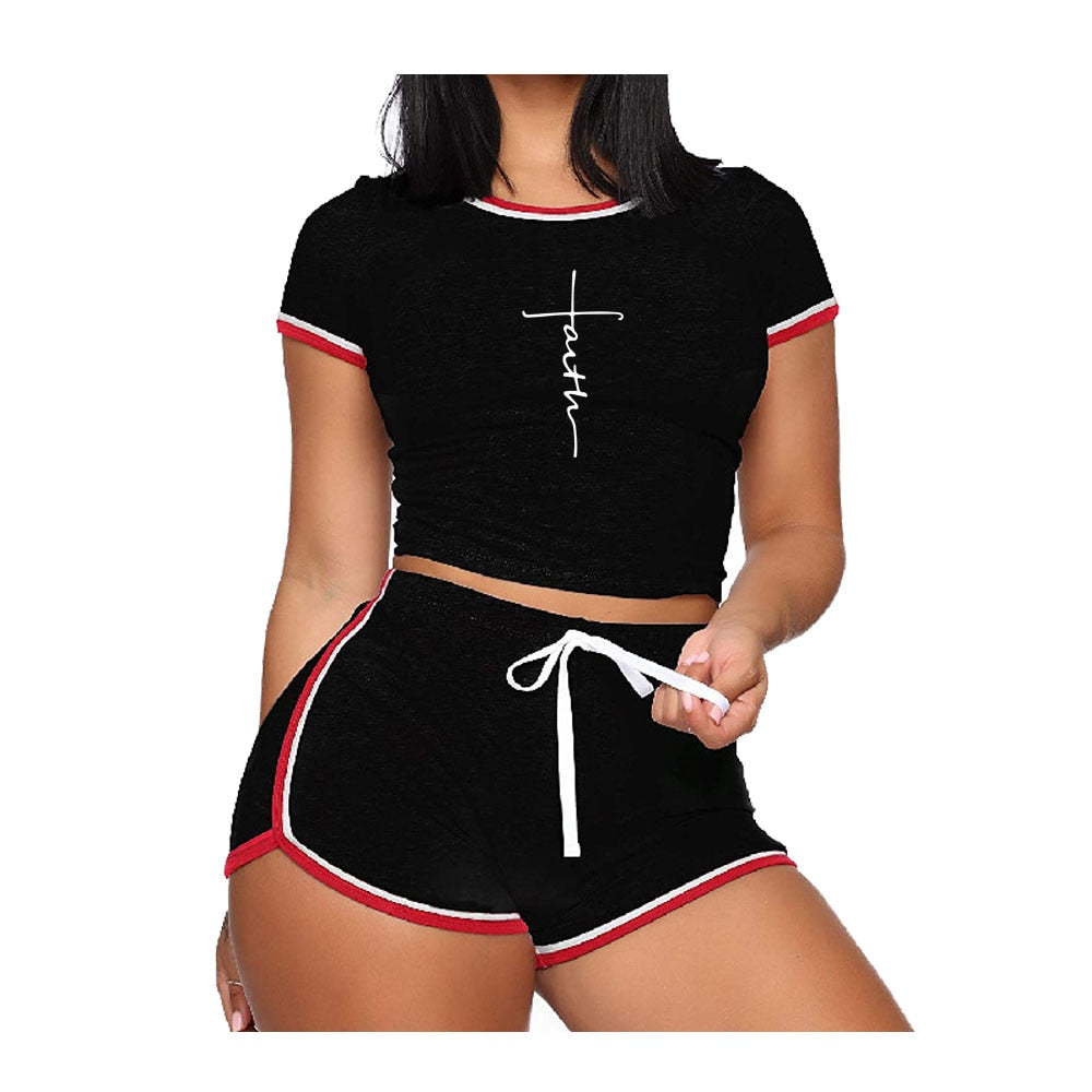 Women's Summer Short Sleeve T-Shirt Tracksuit Set - Athletic Workout Outfit for Running, Yoga & Gym Wear