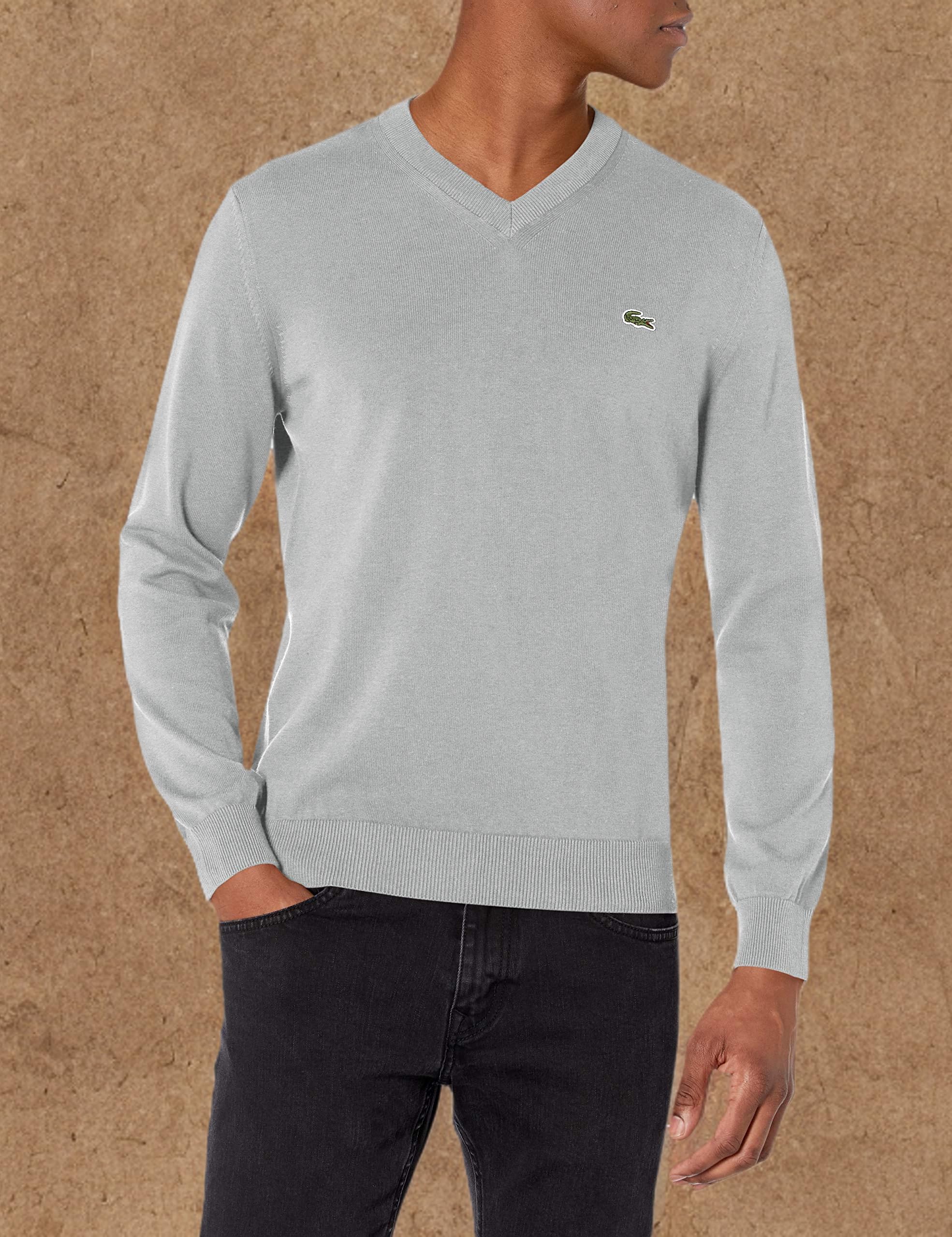 Lacoste Men's Long Sleeve V-Neck Organic Cotton Sweater - Classic Regular Fit Pullover for Casual Wear, Office & Winter Outfits