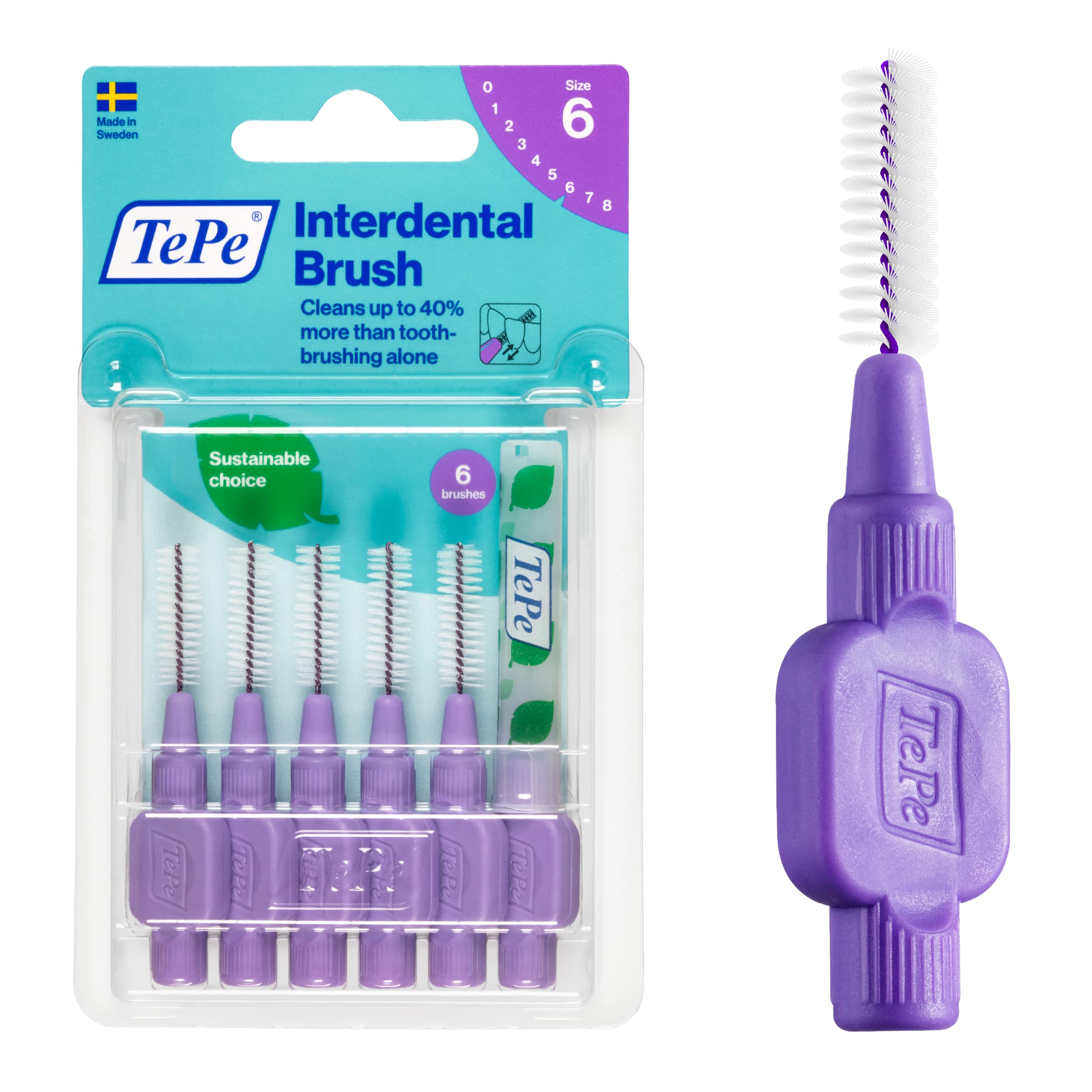 TePe Interdental Brush Original - Soft Dental Brushes for Teeth Cleaning, 6 Pack (1.1mm, Size 6, Purple) - Ideal for Large Gaps Between Teeth - Perfect for Daily Oral Care & Braces Maintenance