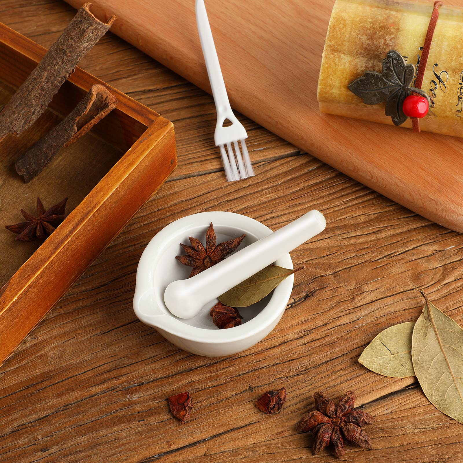 2 Sets Mini Porcelain Mortar and Pestle Set - Premium Herb Grinder & Spice Crusher for Kitchen - Perfect for Grinding Seasonings, Herbs, Nuts, and Medicine - Includes 2 Cleaning Brushes (Great for Home Cooking, Pharmacy Use & DIY Essential Oils)