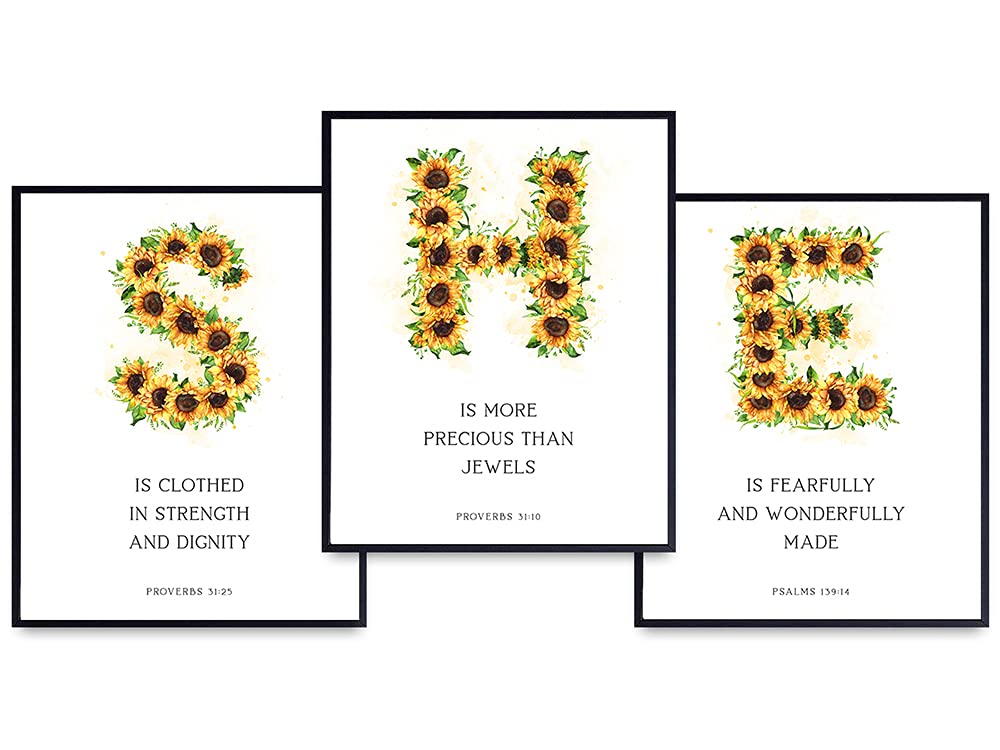 Religious Wall Art - Proverbs 31 Christian Gifts for Women - She Is Clothed With Strength and Dignity - Fearfully and Wonderfully Made - Sunflower Wall Decor - Inspirational Home & Office Decor