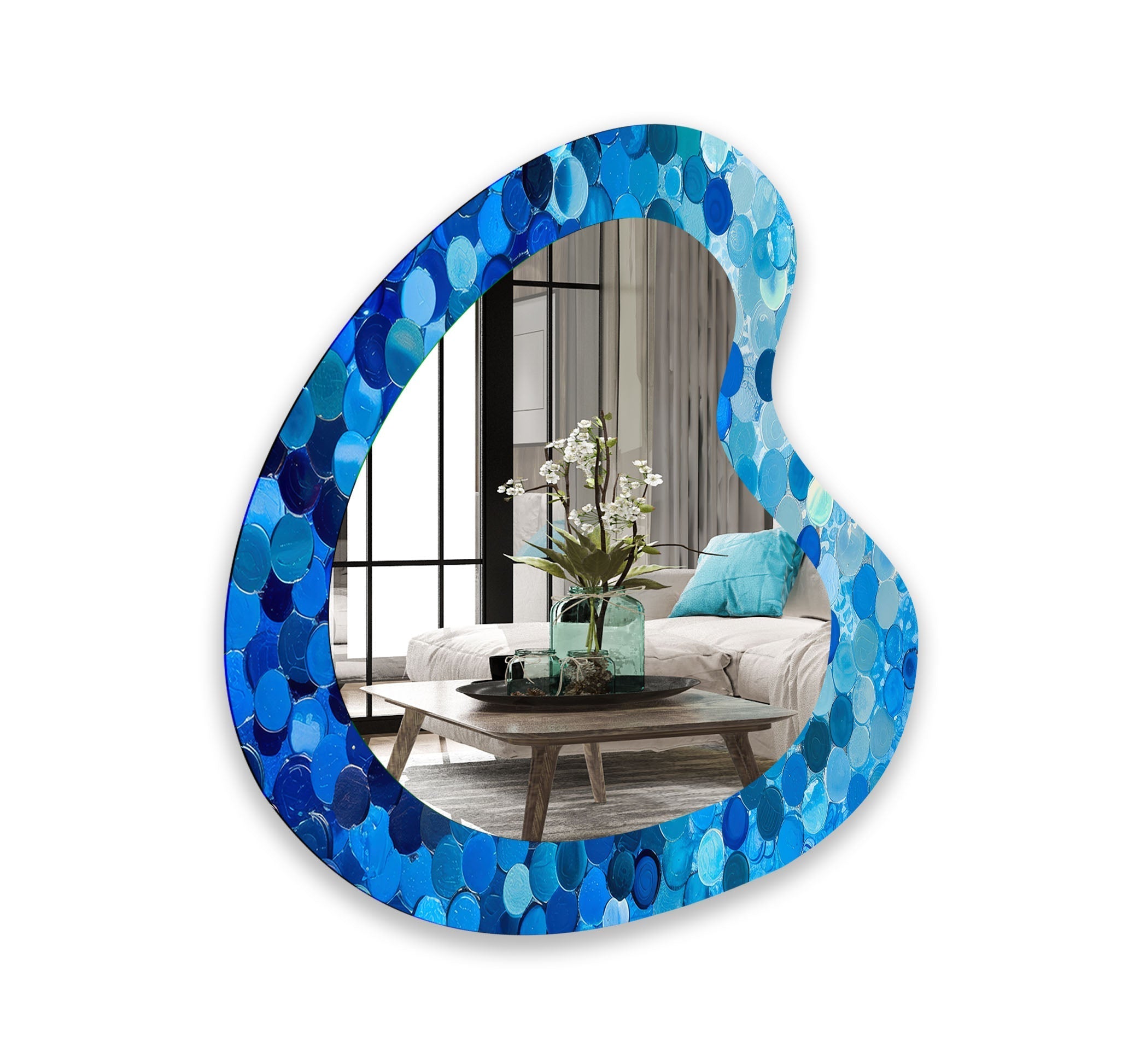 Blue Bubbles Decorative Glass Wall Mirror - Elegant Round Bathroom Vanity Mirror for Bedroom & Living Room Decor