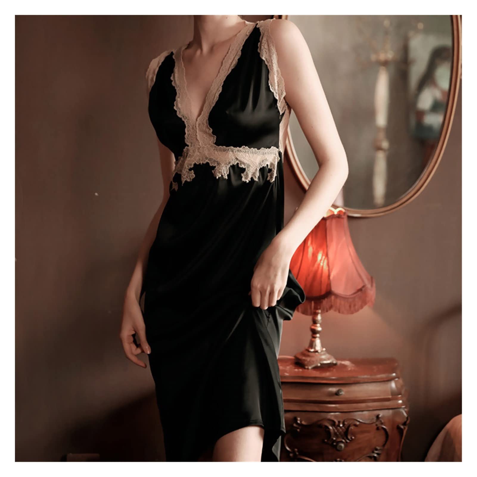Satin Backless Nightgown for Women - Lace Patchwork Silk Sleepwear Long Fairy Dress Summer Nightgown Robe (Color A, Size M) - Perfect for Romantic Evenings, Honeymoon Getaways & Boudoir Photography