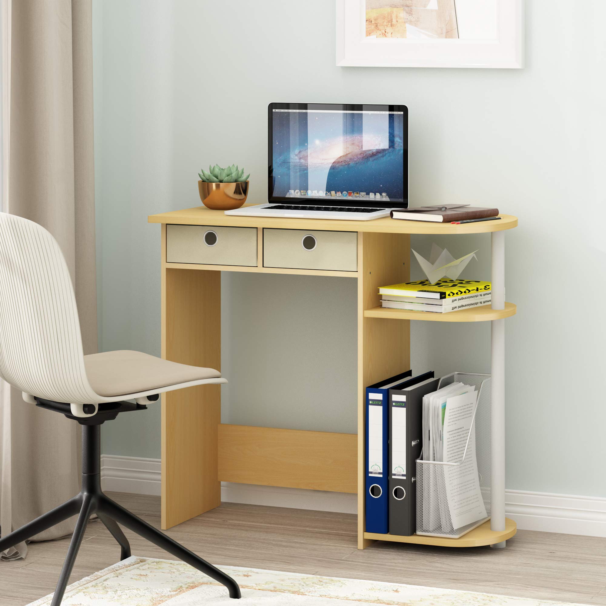 Eco-Friendly Laptop Desk with 2 Storage Drawers - Beech/Ivory/White Computer Table for Home Office & Small Spaces | Compact Workstation for Remote Work & Study