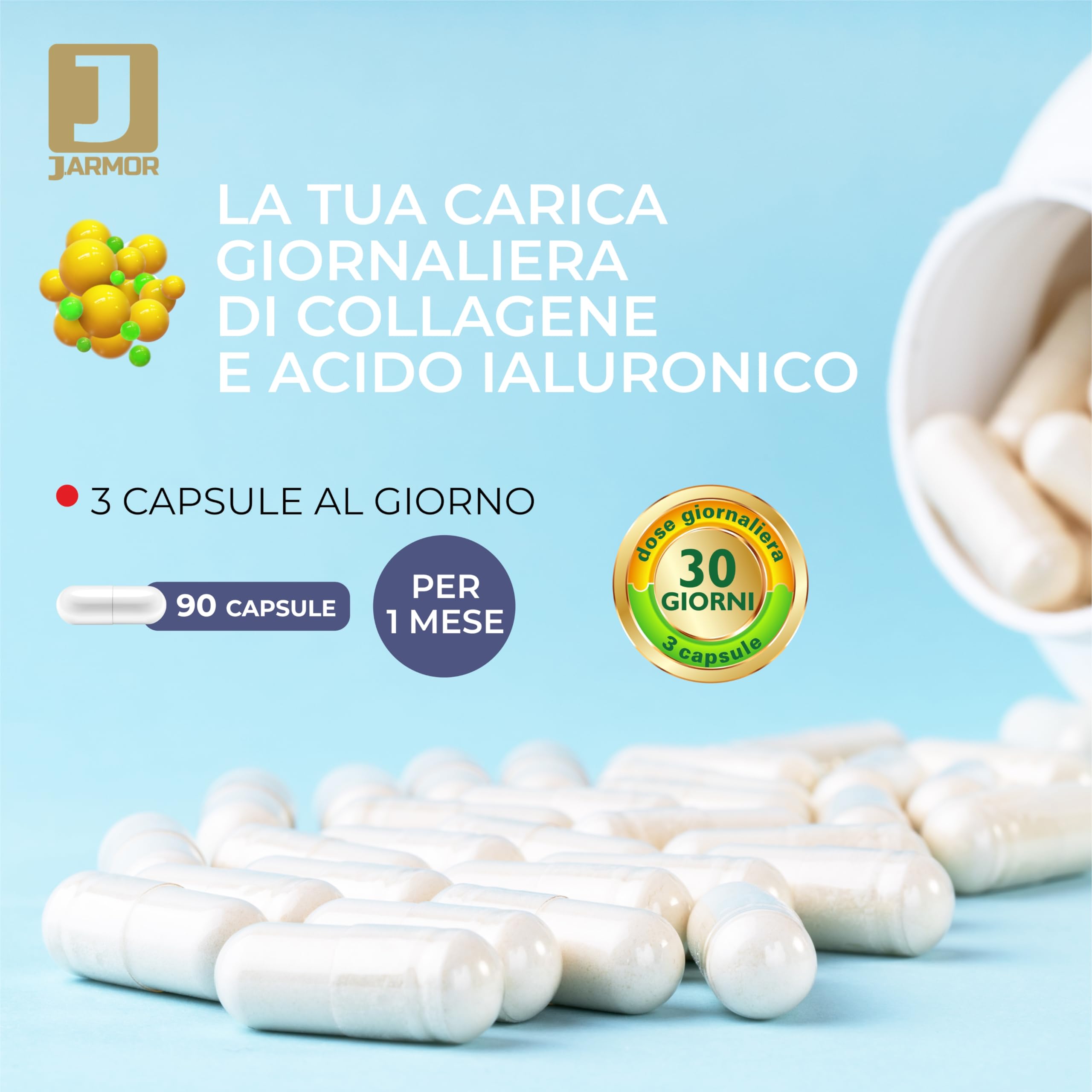 Marine Collagen with Hyaluronic Acid 90 Capsules - Hydrolized Collagen Supplement for Skin Beauty, Wrinkles, Hair Health - High Absorption Collagen Peptides J.Armor - Perfect for Anti-Aging & Daily Beauty Routine