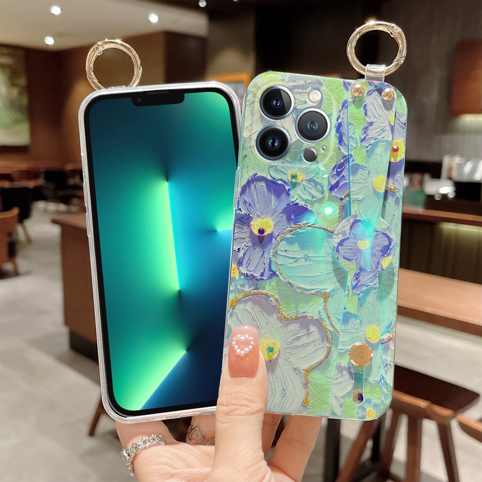 Elegant Bling Flower iPhone 13 Pro Max Case 6.7 Inch - Cute Slim TPU Shockproof Cover with Wrist Strap & Kickstand for Women & Girls | Perfect for Daily Use, Work & Social Events