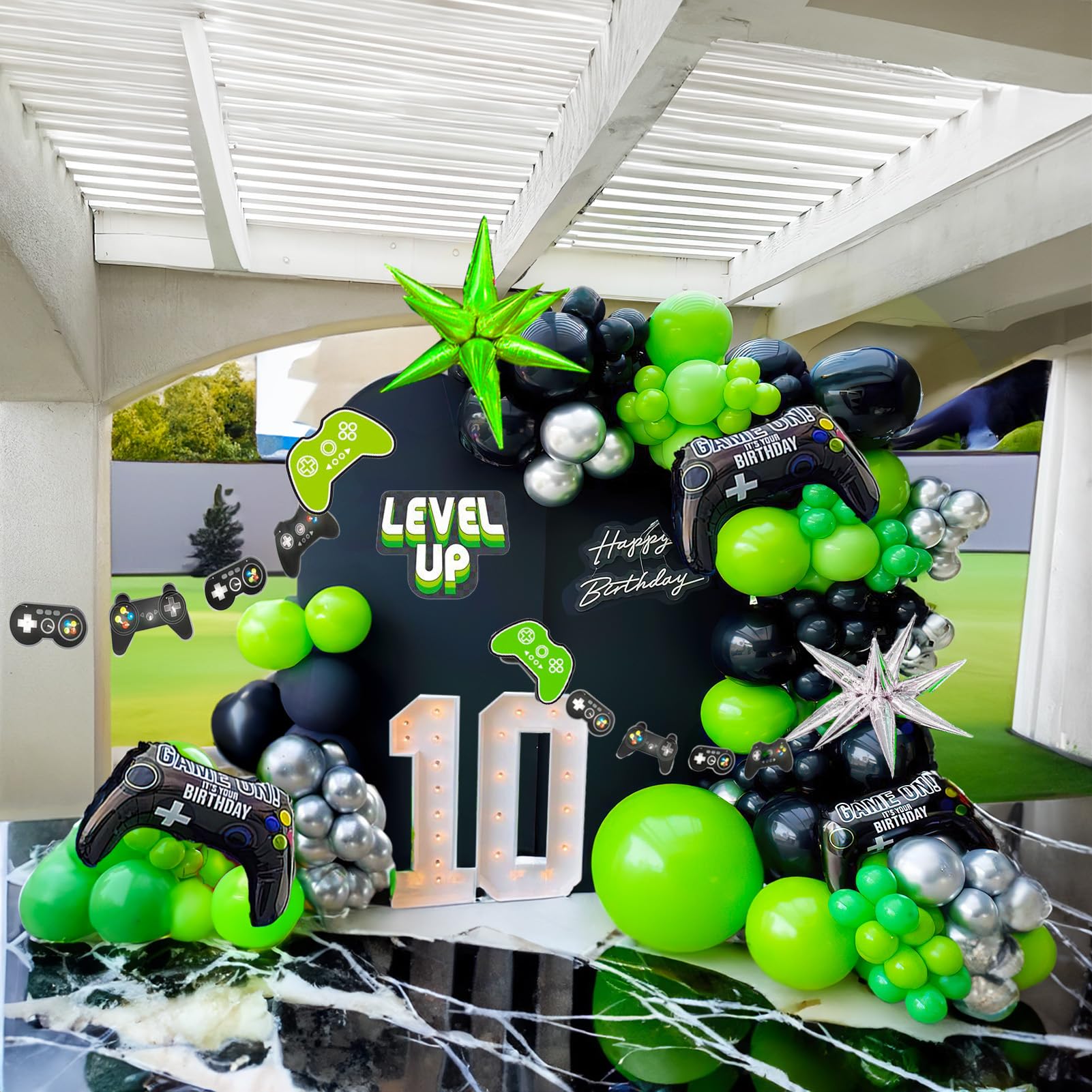 135pcs Green & Black Silver Controller Balloon Garland Kit - Gamer Party Decorations for Boys Birthday, Gaming Night & Video Game Themed Events