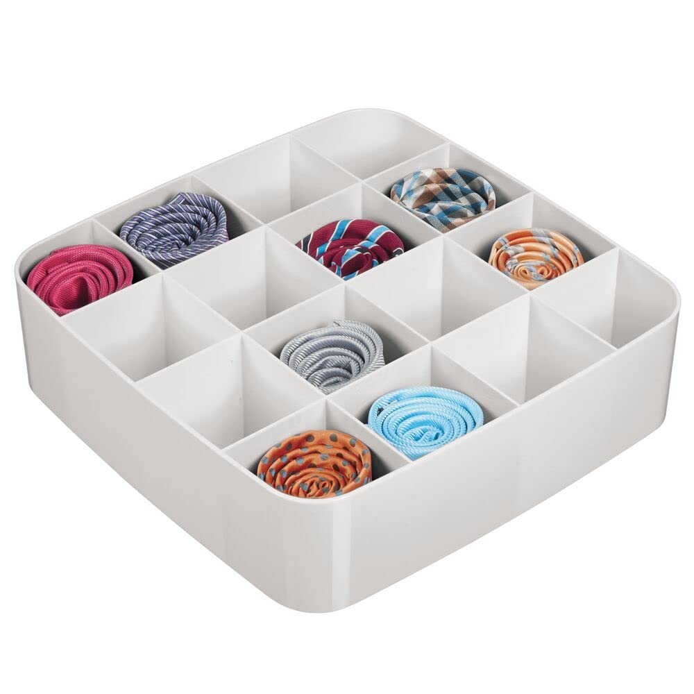 mDesign 16-Section Plastic Drawer Organizer for Belts, Ties, Socks & Watches - Light Gray Closet & Dresser Storage Solution - Perfect for Bedroom, Bathroom, Office & Entryway Organization