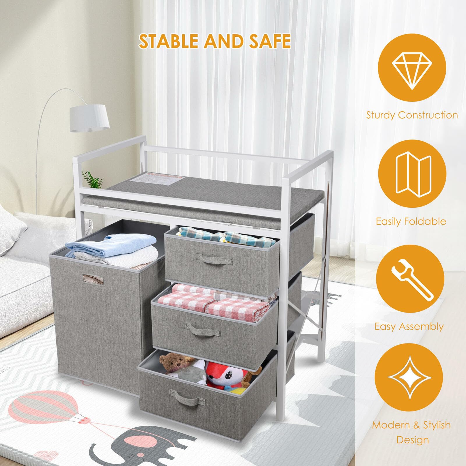 LIVINGbasics Baby Changing Table with Storage Organizer, 3 Drawers & Laundry Hamper - Safe Diaper Changing Station for Nursery, Bedroom & Daycare - Perfect Baby Shower Gift for New Parents