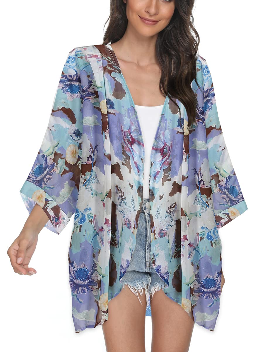 Tribear Women's Floral Printed Chiffon Kimono Cardigan - Lightweight Batwing Sleeve Cover Up for Beach, Pool, Summer Outfits & Casual Wear
