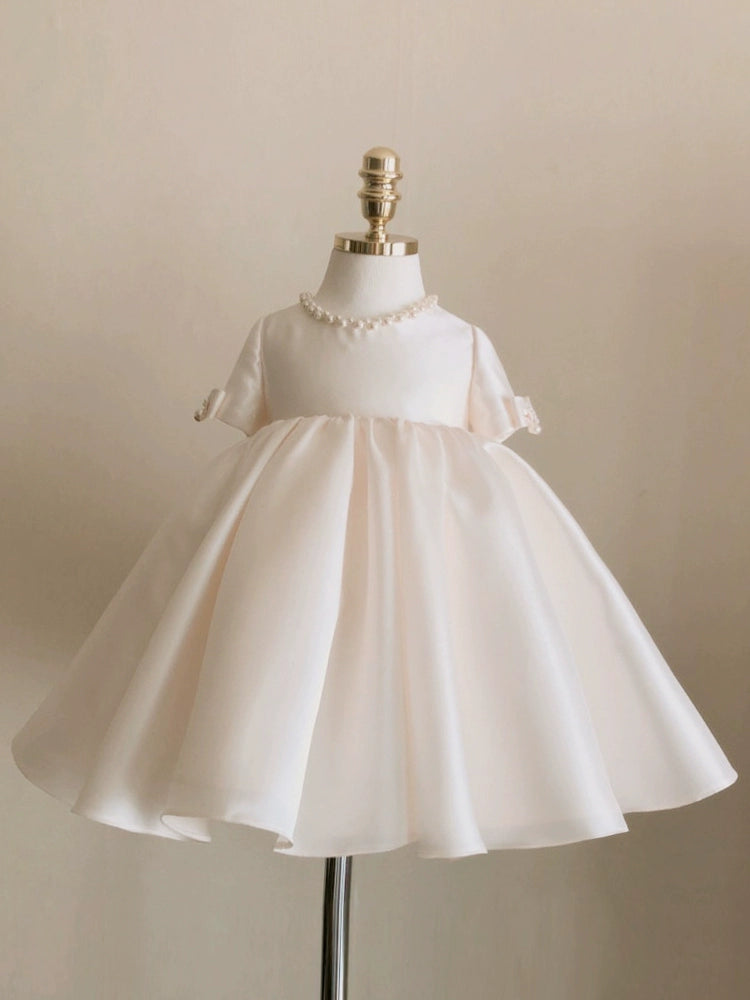 White Princess Round Tea Length Satin Flower Girl Dress for Weddings & Special Occasions - Perfect for Bridal Parties, First Communion & Formal Events