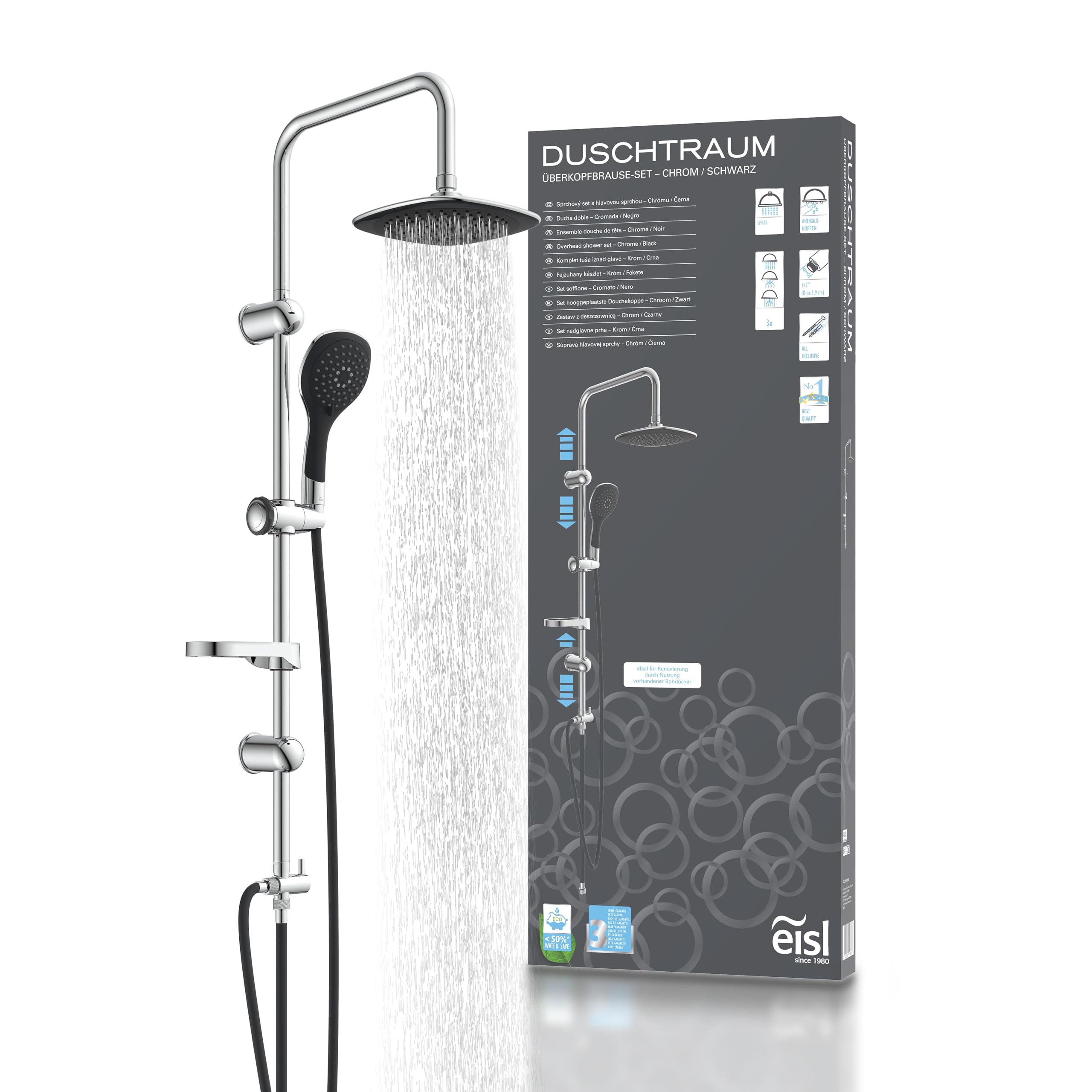 DUSCHTRAUM DXLD60088CS Chrome/Black Shower Column Set with 200x200mm Rain Shower Head & Hand Shower - Easy Retrofit Using Existing Drill Holes | Perfect for Bathroom Renovation & Spa-Like Shower Experience