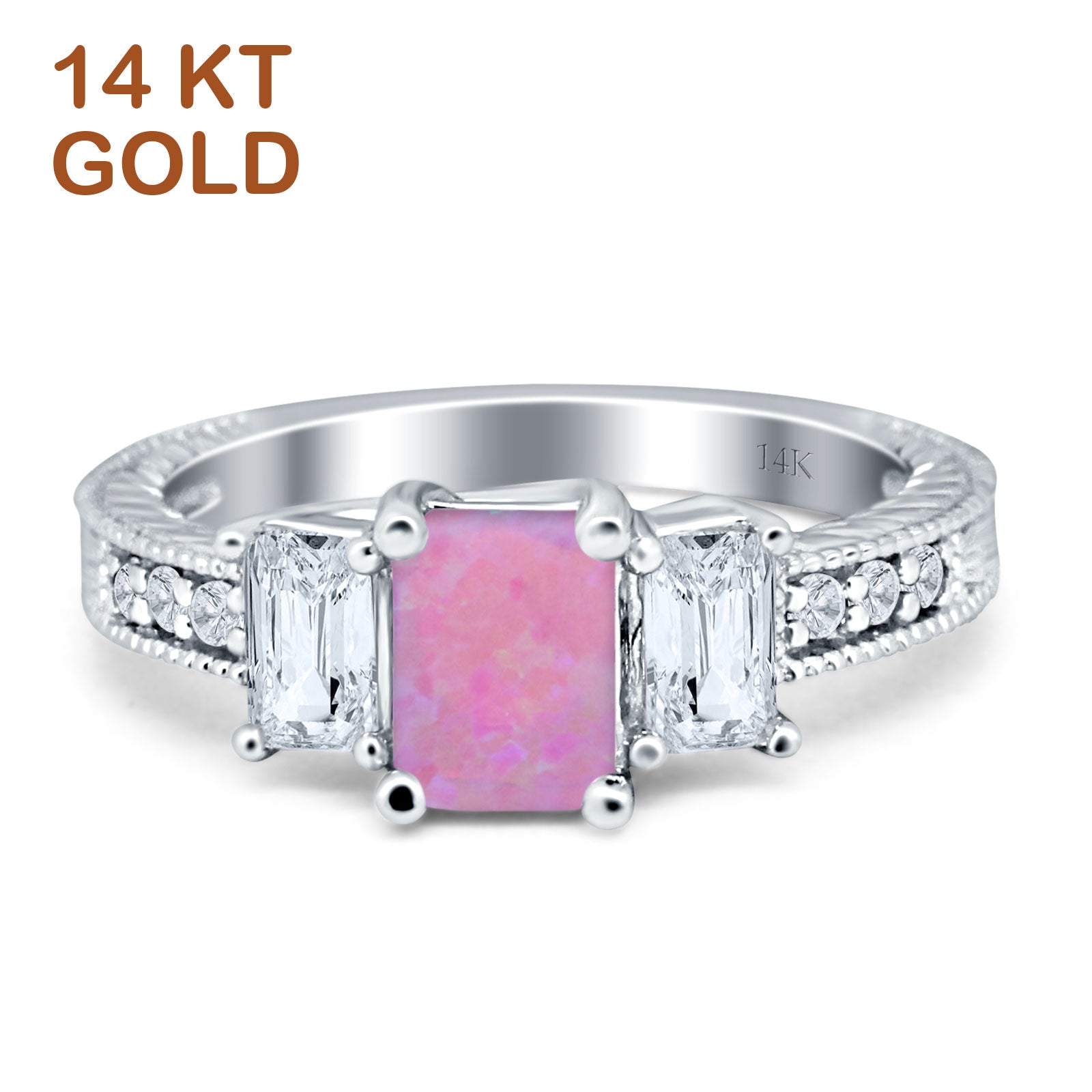 14K White Gold Three Stone Ring with Round & Emerald Cut Lab-Created Pink Opals - Elegant Milgrain Detailing for Engagement, Anniversary, or Special Occasion Jewelry Gift