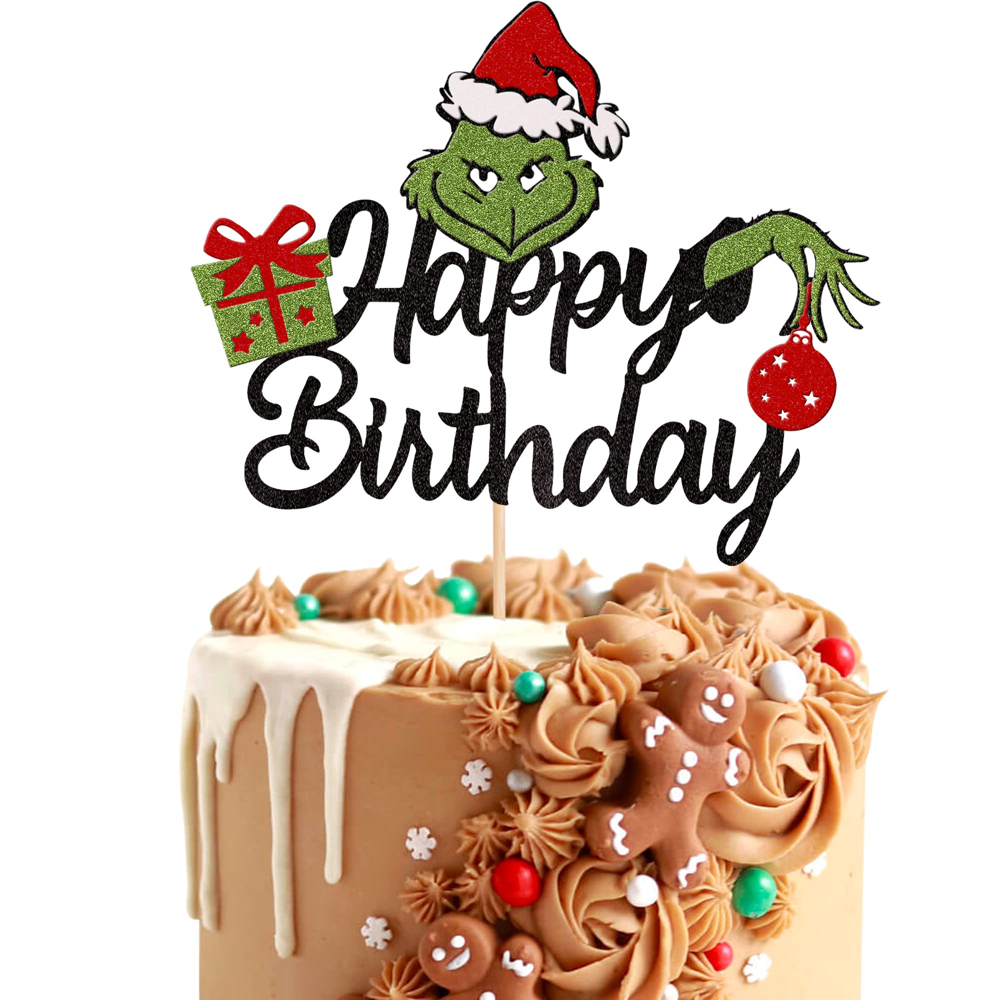 1 PCS Christmas Happy Birthday Cake Topper - Glitter Santa Hat & Light Green Monster Cake Picks - Perfect for Christmas, Baby Shower, Kids Birthday Party Decorations - Great for Holiday Baking, Festive Desserts & Party Supplies