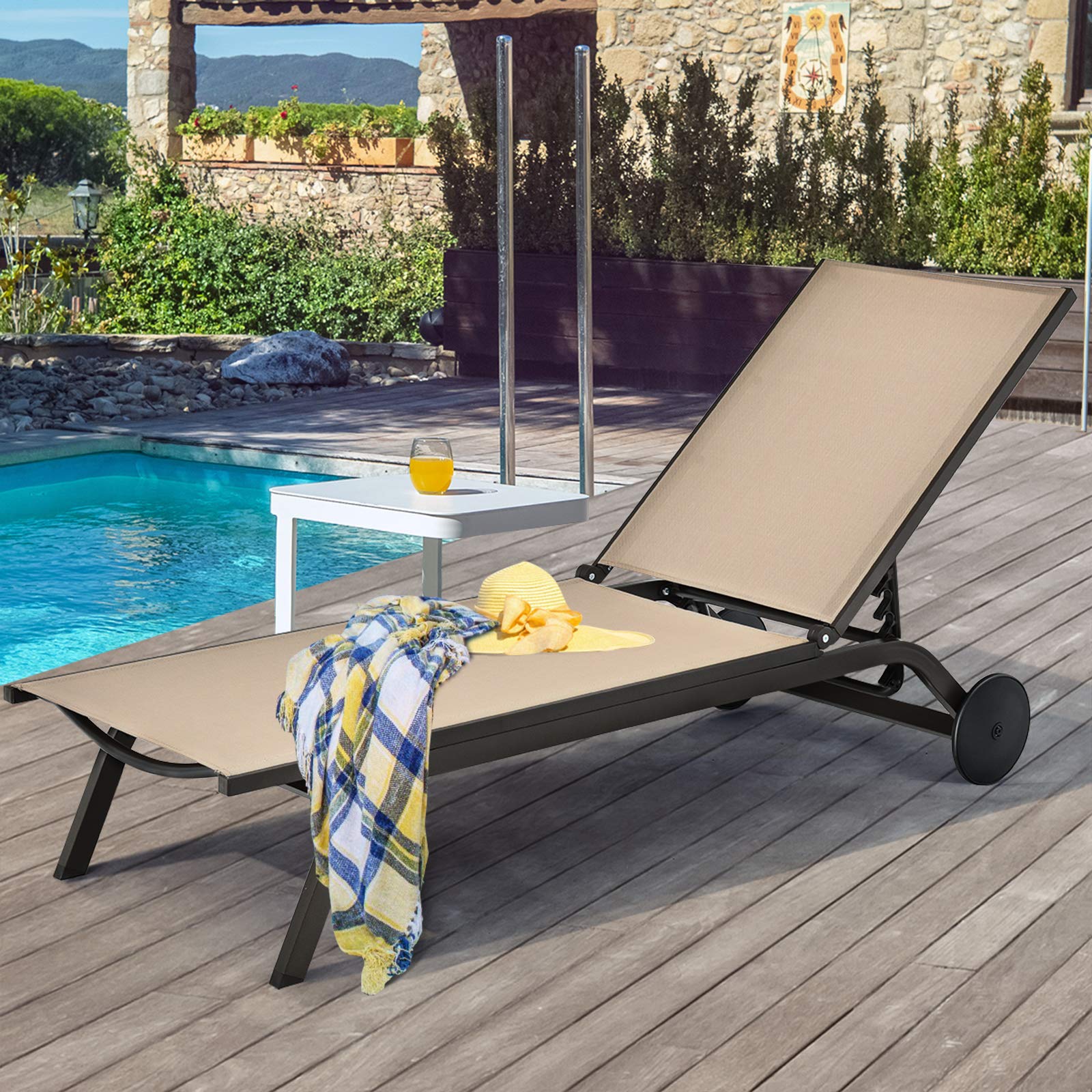 Giantex Adjustable Patio Chaise Lounge Chair with 6-Position Recliner & Wheels - Outdoor Aluminum Sunbathing Chair for Poolside, Beach, Garden & Backyard Relaxation (2-Pack, Brown)