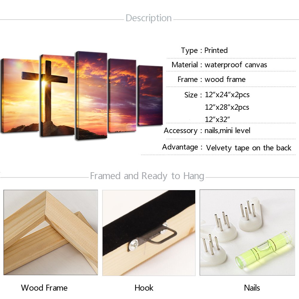 5 Large Christian Cross Sunset Canvas Prints - Framed Wall Art for Living Room, Home Decor, Ready to Hang | Religious Artwork, Bedroom & Office Decor