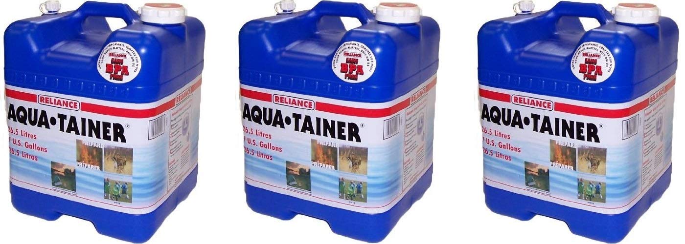 Reliance Products Aqua-Tainer 7 Gallon Rigid Water Container - BPA Free, Leak Proof, Stackable Design (Pack of 3) - Perfect for Camping, Emergency Preparedness, and Outdoor Adventures