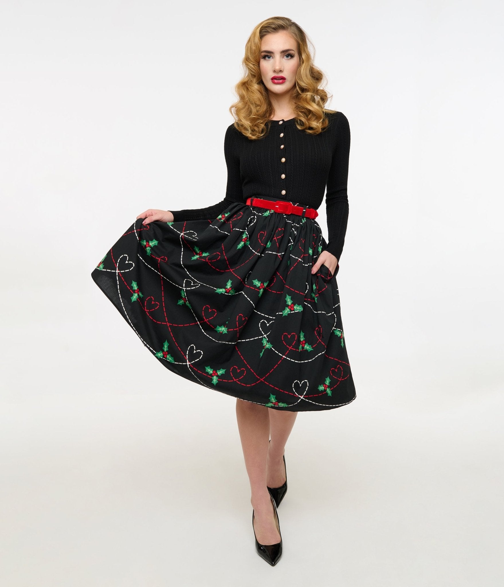 Hell Bunny 1950s Vintage Christmas Swing Skirt with Festive Hearts & Holly Print - Perfect for Holiday Parties & Retro Fashion Outfits