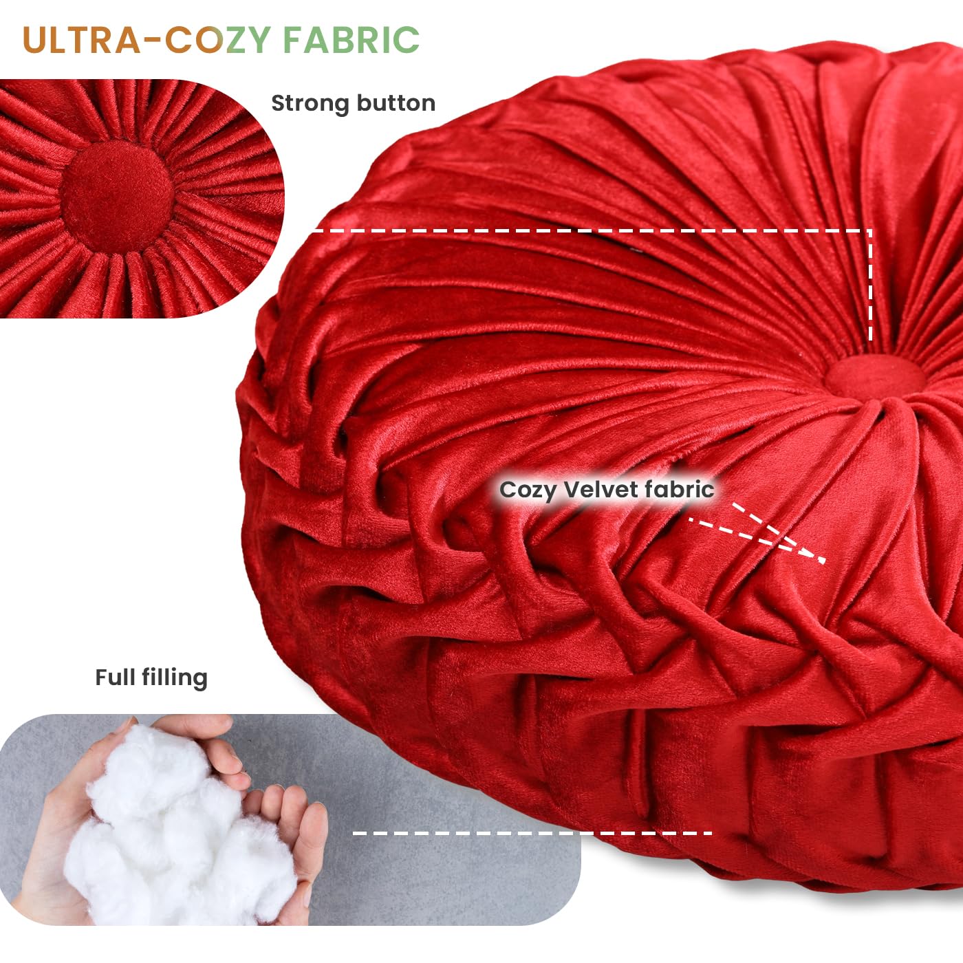 Velvet Round Throw Pillow - 15.7'' Burgundy Pleated Floor Cushion for Couch, Chair & Home Decor | Soft Seating Pillow for Living Room, Bedroom & Nursery