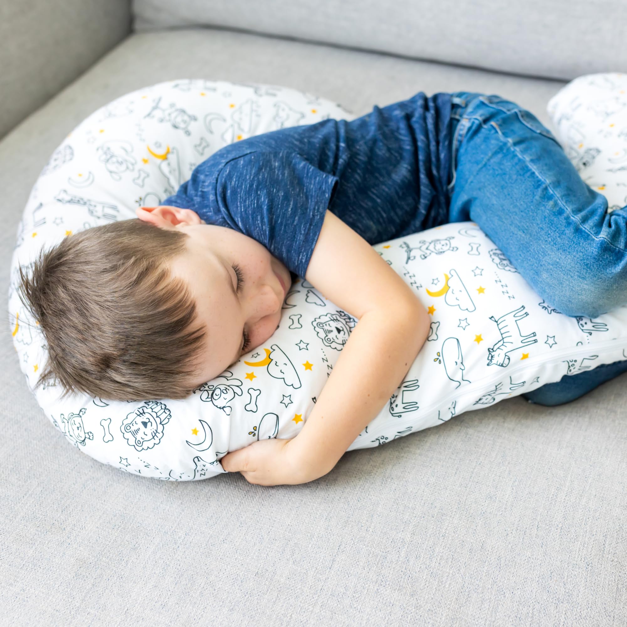 100% Organic Cotton Toddler Body Pillow - Hypoallergenic Kids Sleeping Pillow for Boys & Girls | Machine Washable Cover | Perfect for Nap Time, Travel & Cuddling (White/Safari)