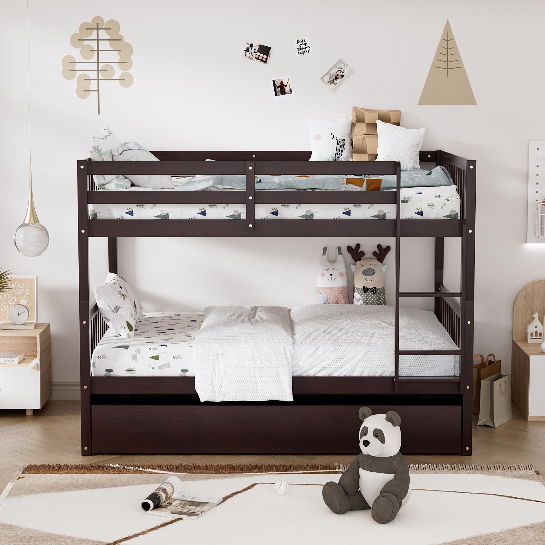 Rophefx Full Over Full Bunk Bed with Trundle - Convertible to 2 Full Size Bunk Beds, Solid Wood Construction with Safety Rails & Ladder - Space-Saving Bed for Adults, Teens & Kids - Perfect for Dorms, Guest Rooms & Small Apartments (Espresso Finish)