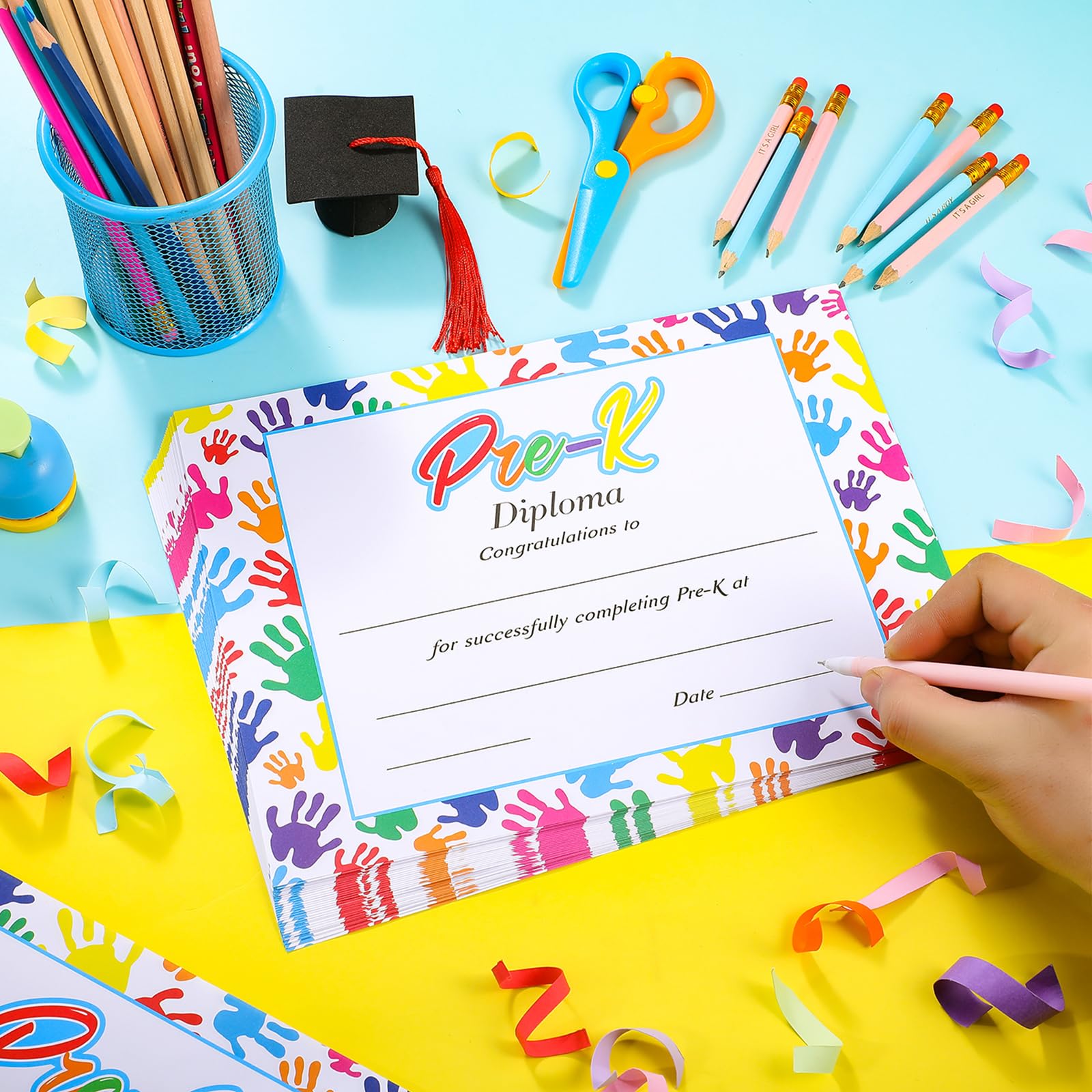 Janlaugh 48 Pack Pre K Graduation Certificates - Preschool & Kindergarten Diplomas with Handprints Design - Printable Achievement Awards for End of Year, Graduation Ceremony & Special Events