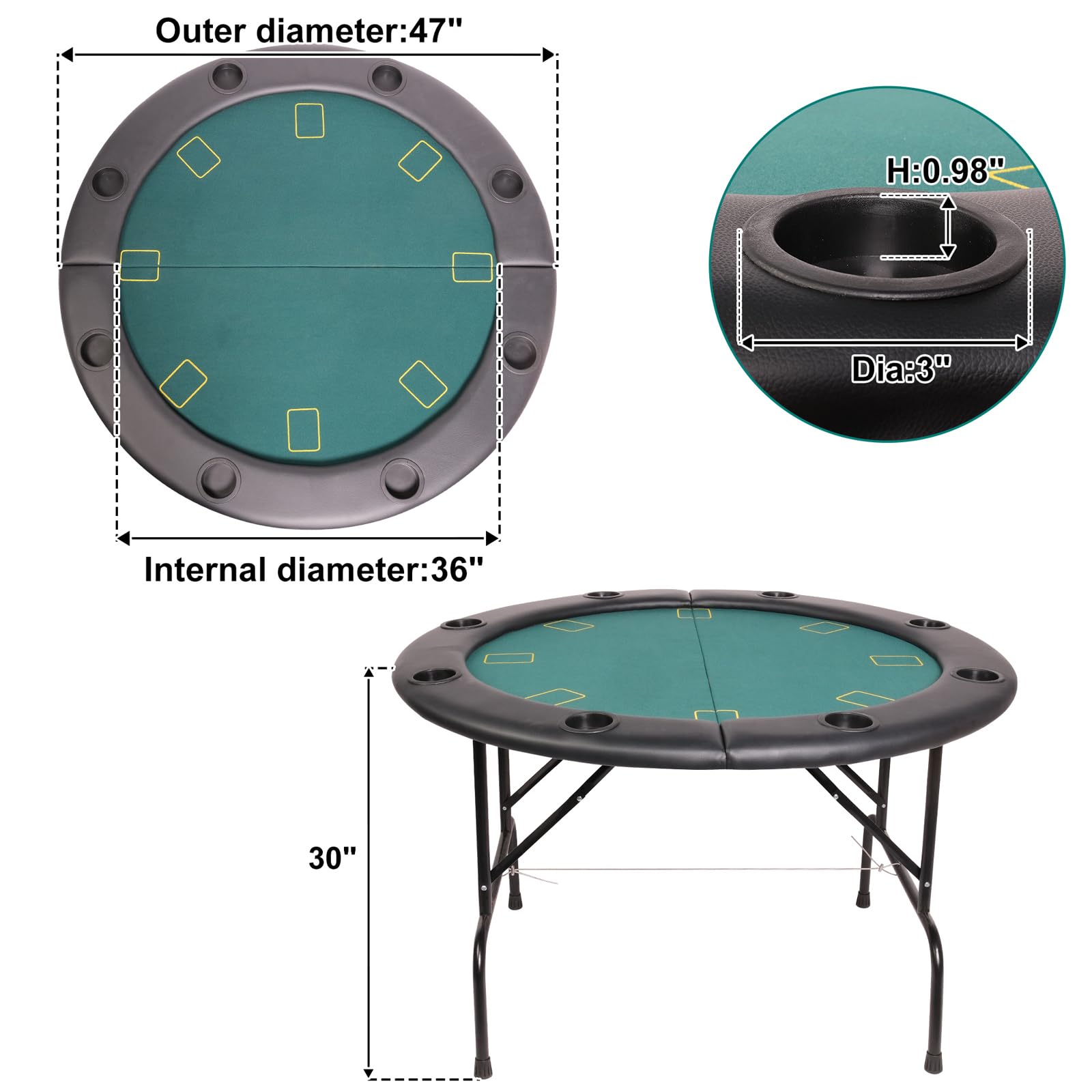 Premium 8-Player Foldable Poker Table - Water-Resistant Cushioned Rail & 8 Cup Holders - Casino-Grade Felt Surface for Texas Hold'em & Blackjack - Portable Round Poker Table for Home Game Nights & Casino Parties