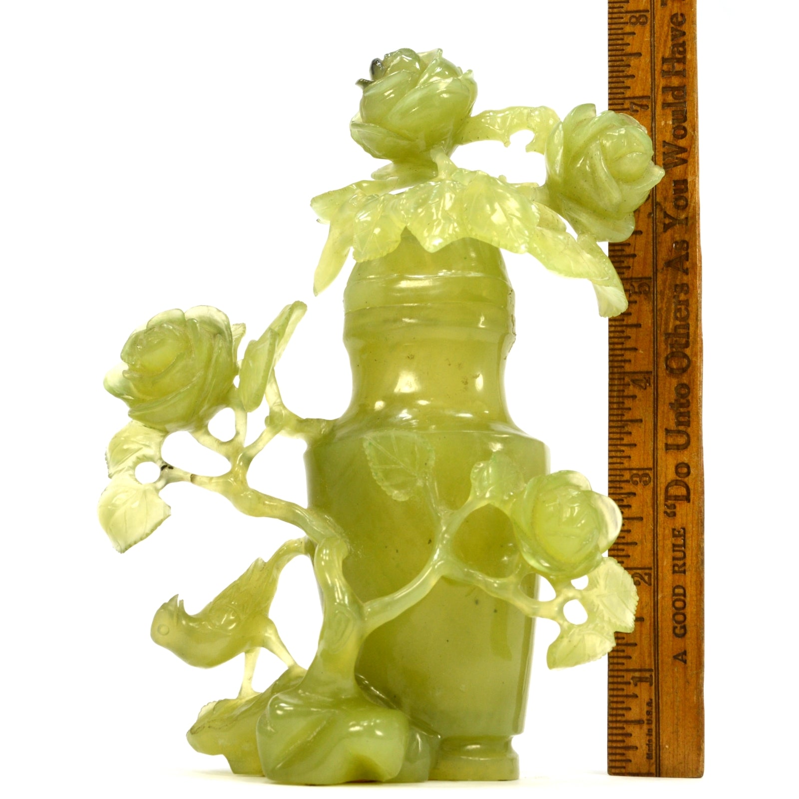 Antique Carved Jade Vase with Lid - Exquisite Roses & Birds Design - Repaired Collectible - Perfect for Home Decor, Asian Antique Collection & Gift Giving