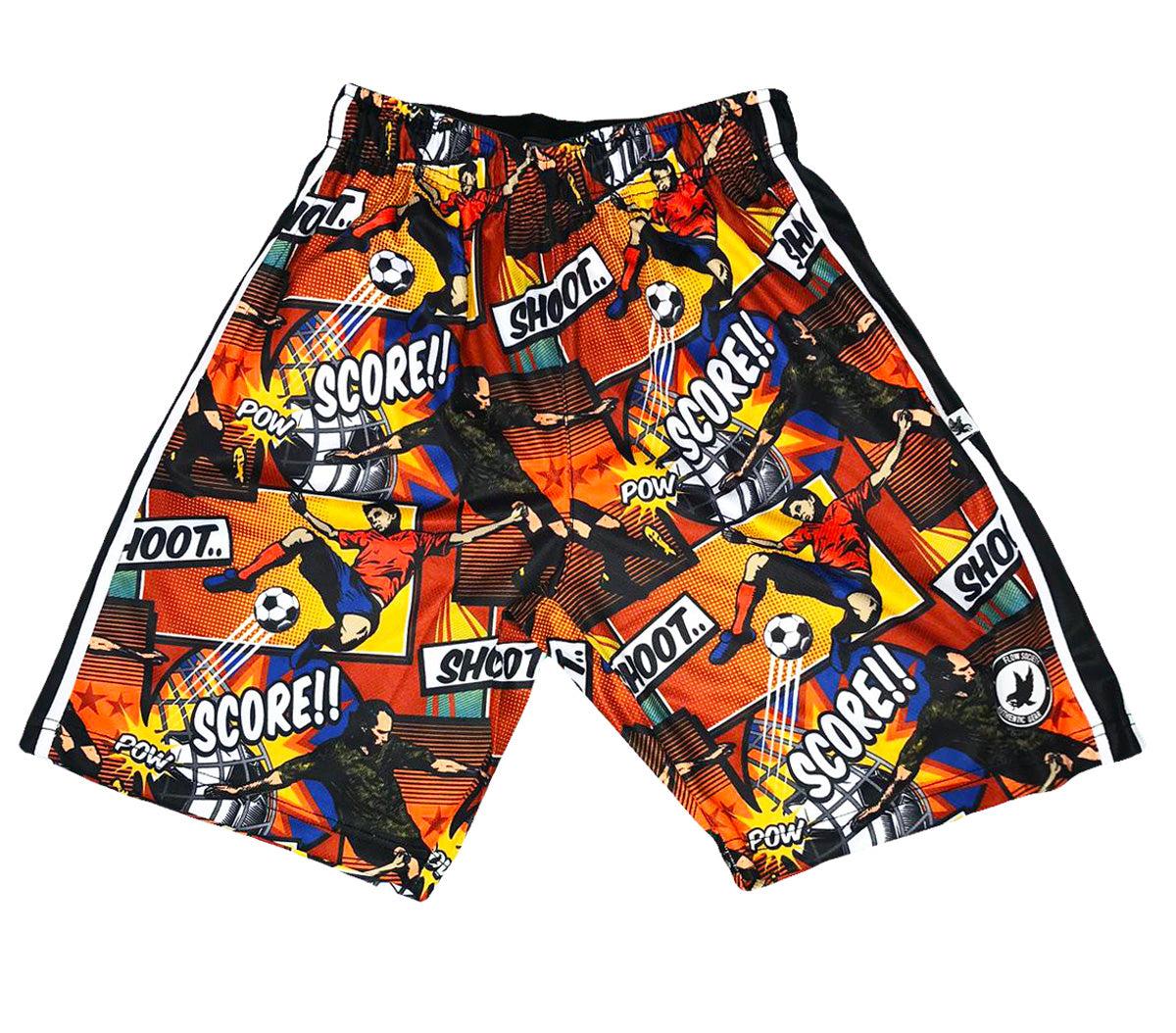 Boys Soccer Shorts - Comic Attack Design - Comfortable & Breathable for Youth Soccer Games & Training