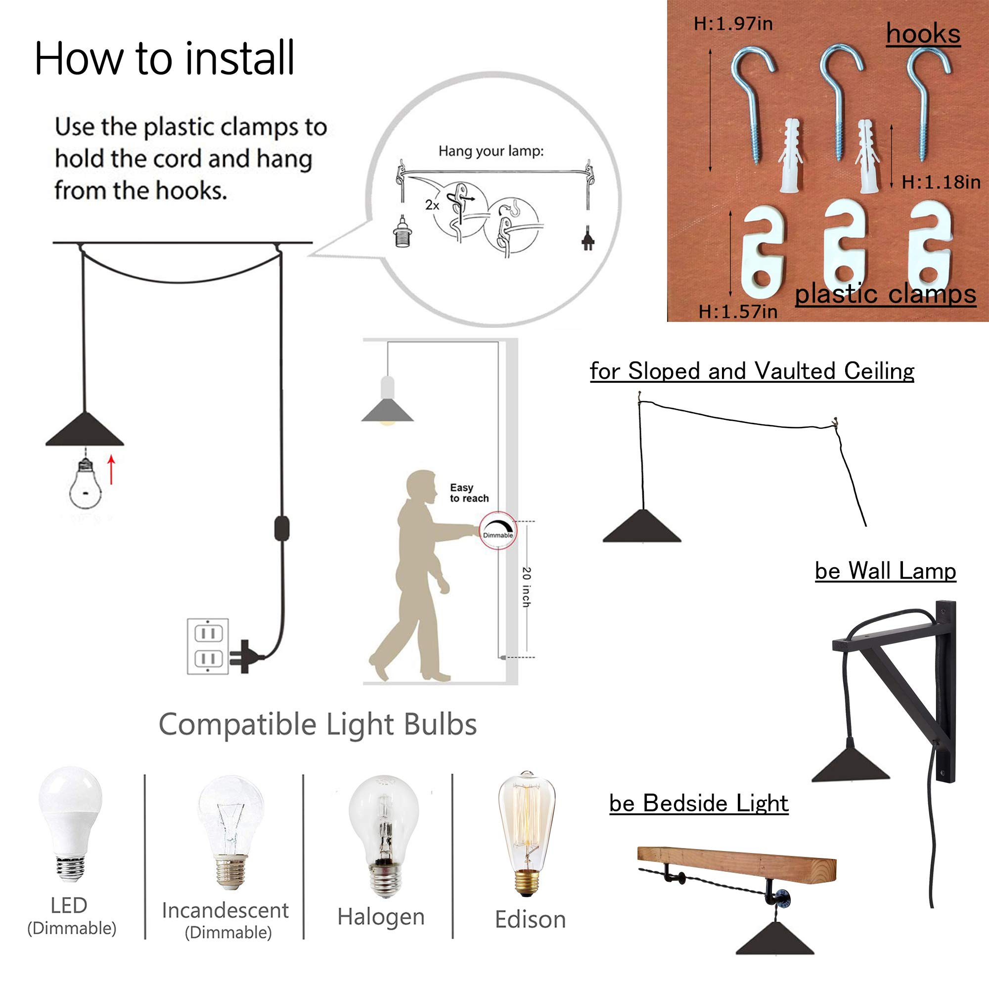 15ft Plug-in Acrylic Handle Pendant Light with UL Dimmer Switch - Macaron Grey Nordic Minimalist Loft Style Lampshade for Living Room, Bedroom & Dining Room - Bulbs Not Included (Home Decor Lighting)