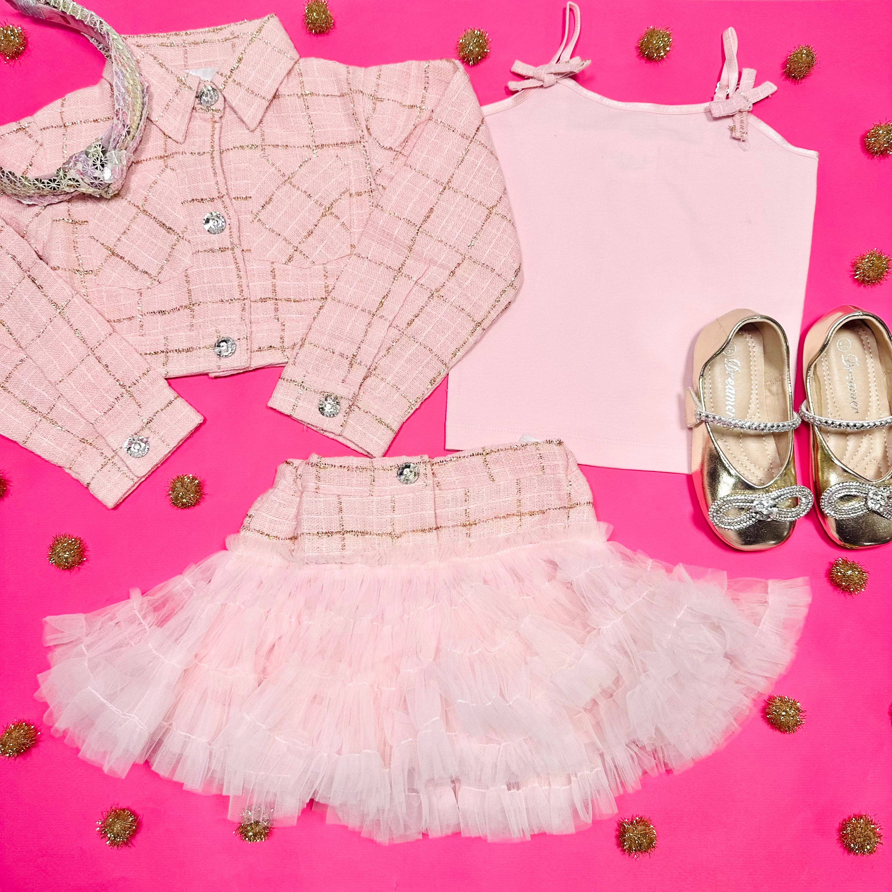Coco Tweed Jacket, Top, and Tutu Skirt Set for Girls | Elegant 3-Piece Outfit for Birthday, Party & Special Occasions