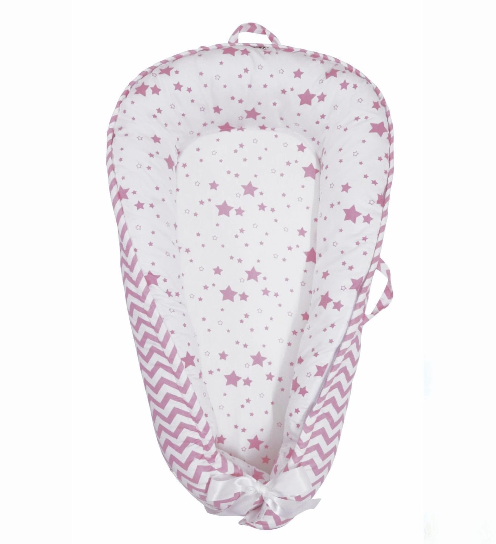 Organic Cotton Baby Nest Lounger - Reversible, Breathable & Adjustable Portable Infant Bed for Newborns | Star Collection (Pink) | Perfect for Co-Sleeping, Nursery & Travel