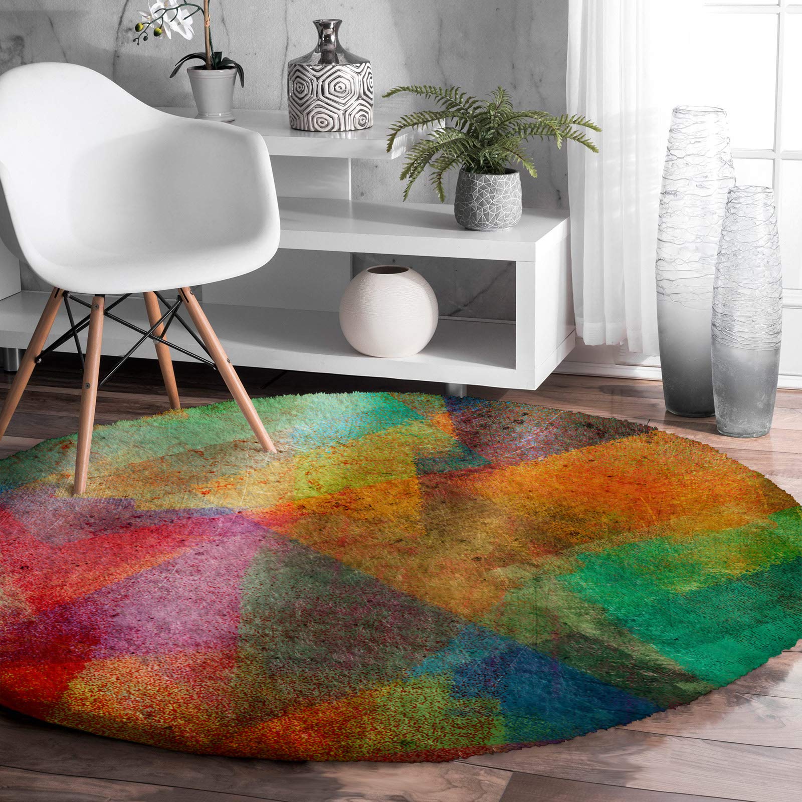 Soft Shaggy Round Area Rug - Abstract Colorful Paint Texture Fluffy Circle Carpet for Living Room, Bedroom & Nursery - 4ft Plush Circular Mat for Cozy Home Decor | Perfect for Boho, Retro & Chic Interior Design Styles