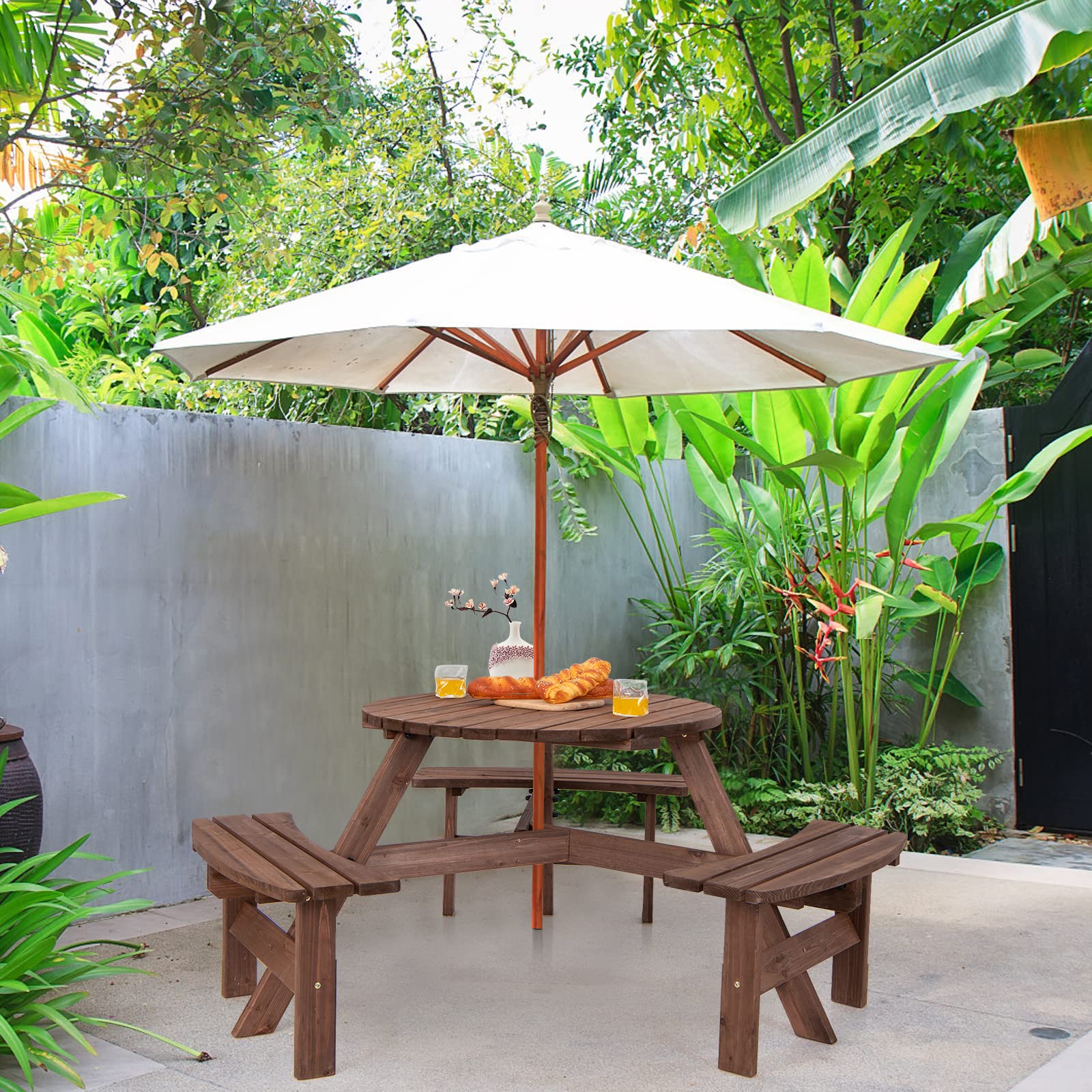 Tangkula 6-Person Outdoor Wooden Picnic Table Set with 3 Built-in Benches & Umbrella Hole - 500lbs Capacity per Bench - Perfect for Garden, Backyard, Patio, Park, and Camping