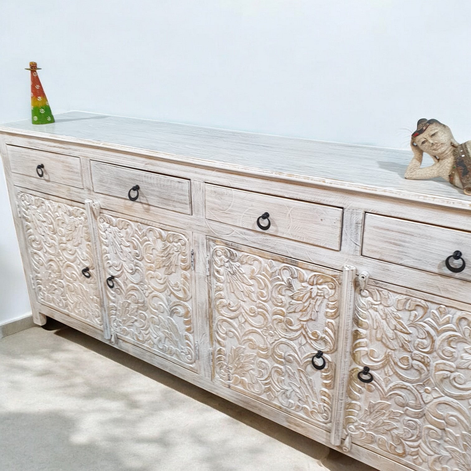 Handmade Carved Indian Mango Wood 4-Drawer 4-Door Sideboard Buffet Cabinet - Whitewashed Rustic Farmhouse Style for Dining Room Storage & Entryway Decor