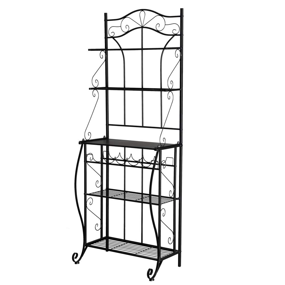 5-Tier Metal Kitchen Bakers Rack with Wine Storage - Space Saving Organizer for Microwave, Oven & Cooking Utensils - Black - Perfect for Small Kitchens & Apartment Living