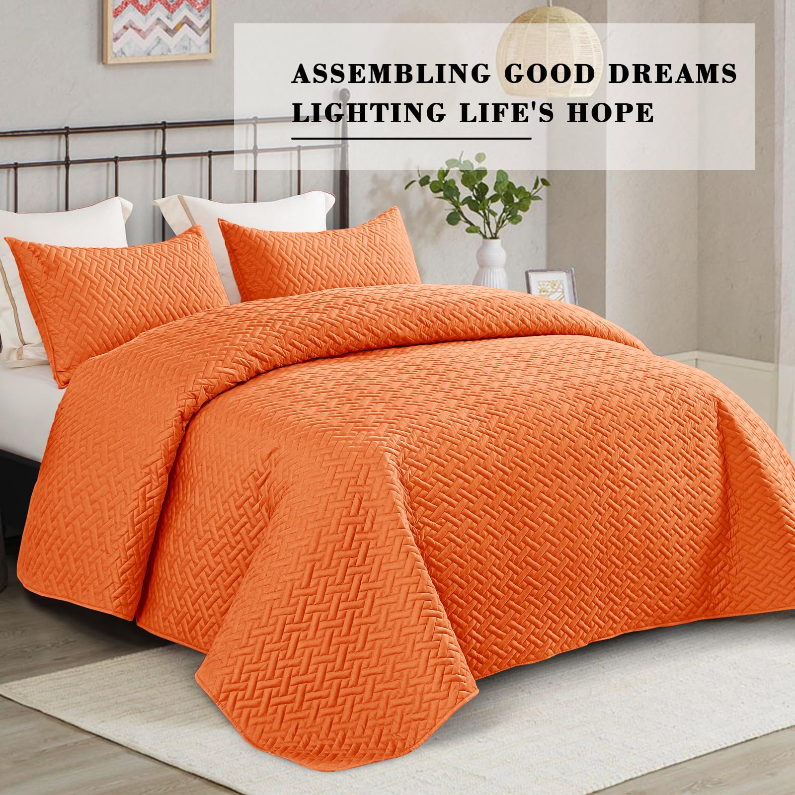 Exclusive Full Queen Size Quilt Bedding Set with Pillow Shams - Soft Lightweight Basket Quilted Bedspread Coverlet for All Seasons - Orange Home Decor for Cozy Bedroom & Guest Room