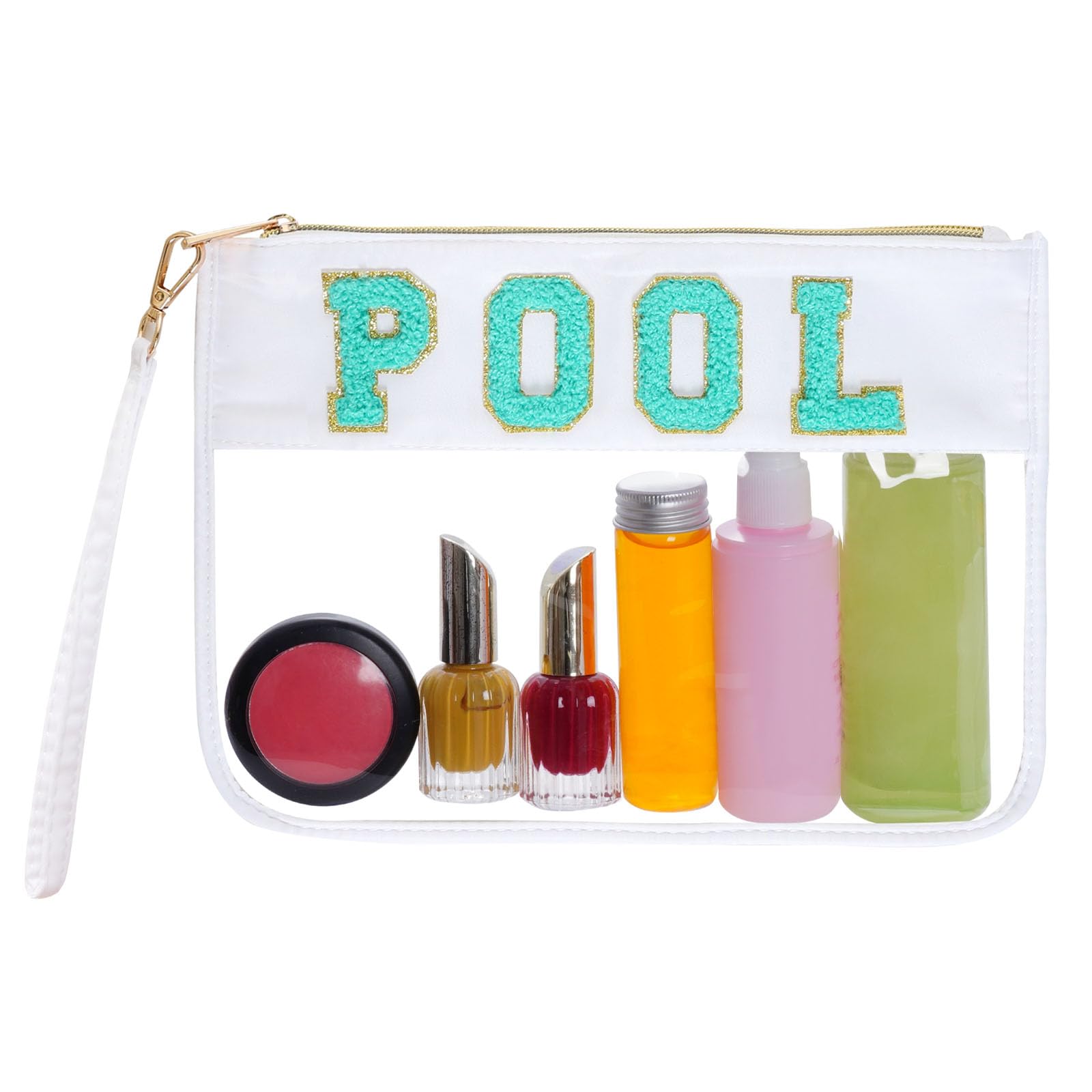 Chenille Letter Bag - Clear Zippered Flat Pouches for Makeup, Travel, Gym & Beach | Multi-Purpose Nylon Cosmetic Organizer | Waterproof Storage Pouch (White-Pool) - Perfect for School Supplies, Toiletries & Jewelry Organization