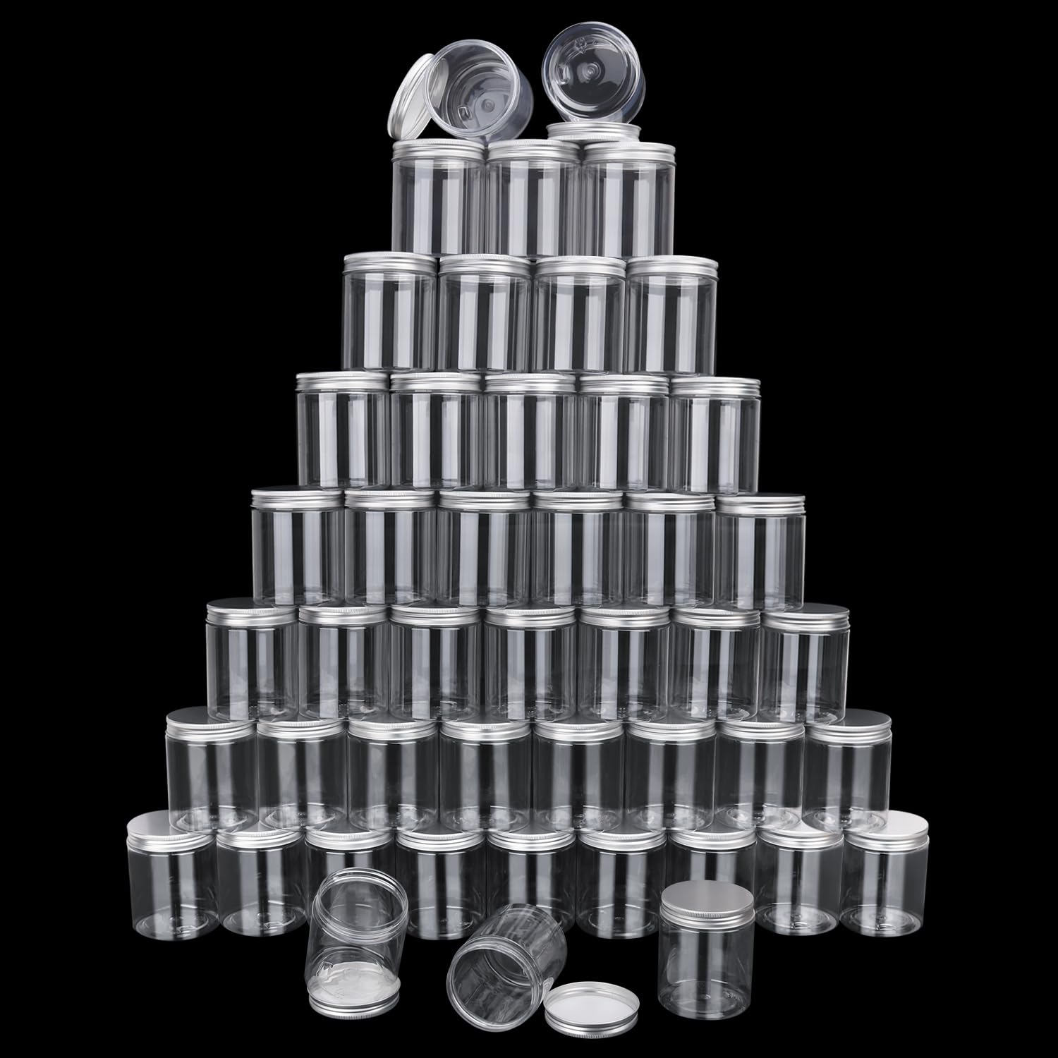 48 Pack 8.8oz (250ml) Clear Plastic Jars with Silver Lids - Wide Mouth Cosmetic Containers for Slime, Beads, Rhinestones, Sequins, Lotion, Cream & Ointments | Perfect for DIY Crafts, Beauty Products & Small Item Storage