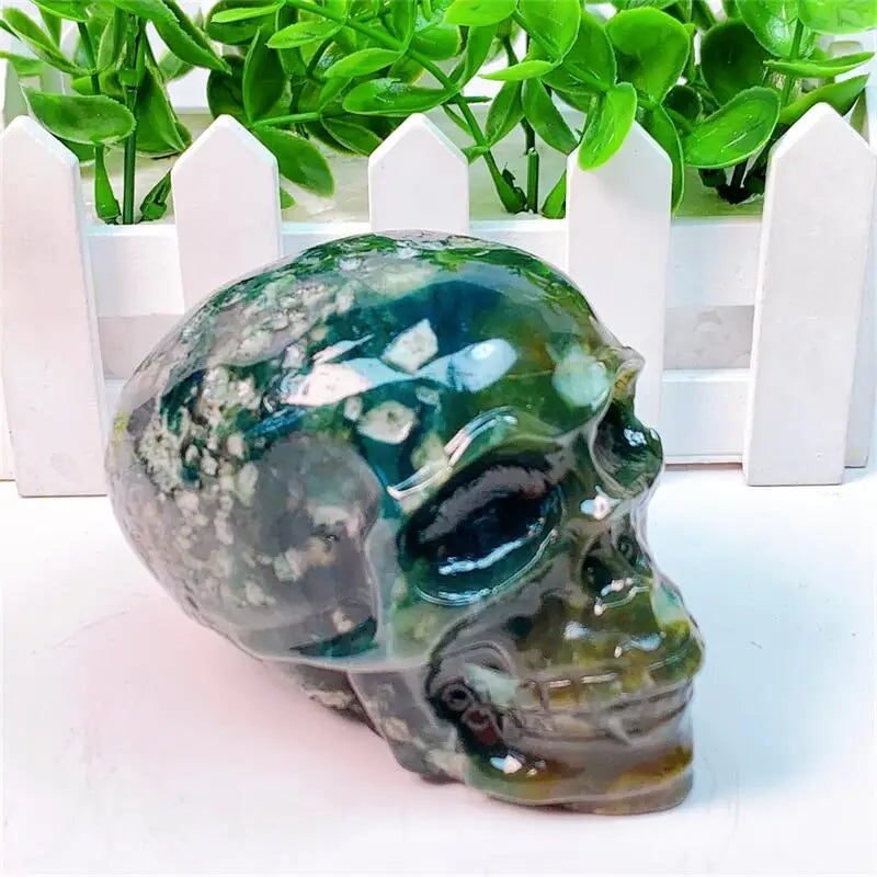 9CM Natural Moss Agate Skull Crystal Carving - Healing Energy Stone for Meditation, Reiki & Spiritual Decor - Unique Halloween Gift & Home Decoration (1PC) - Perfect for Altars, Yoga Spaces & Gothic Decor