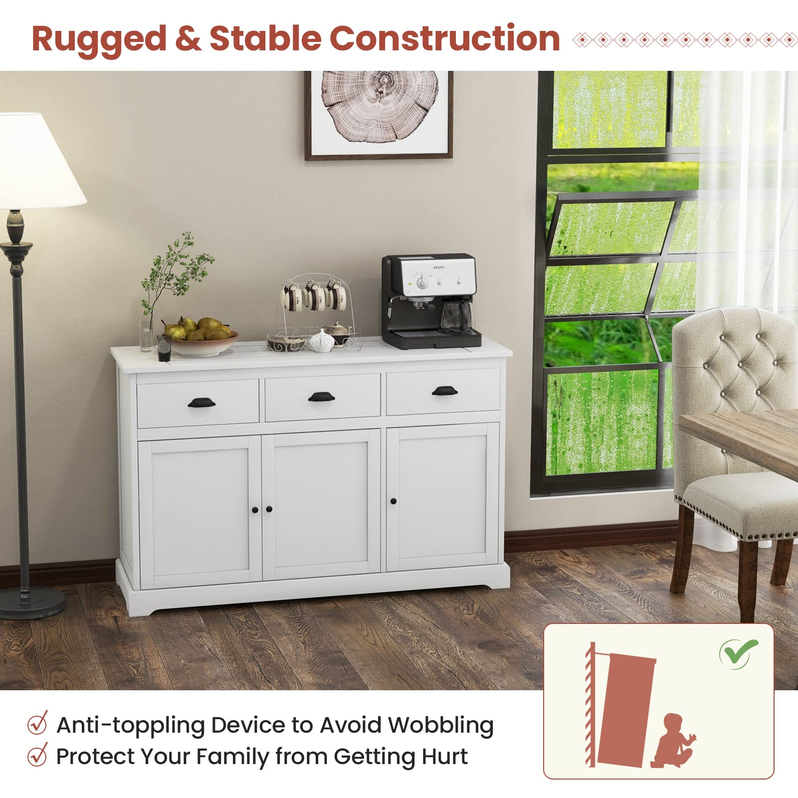 Giantex White Sideboard Buffet Server - 2 Cabinets & 3 Drawers Storage Cabinet with Adjustable Shelves for Dining Room, Kitchen, Entryway - Perfect for Home Organization & Entertaining Guests