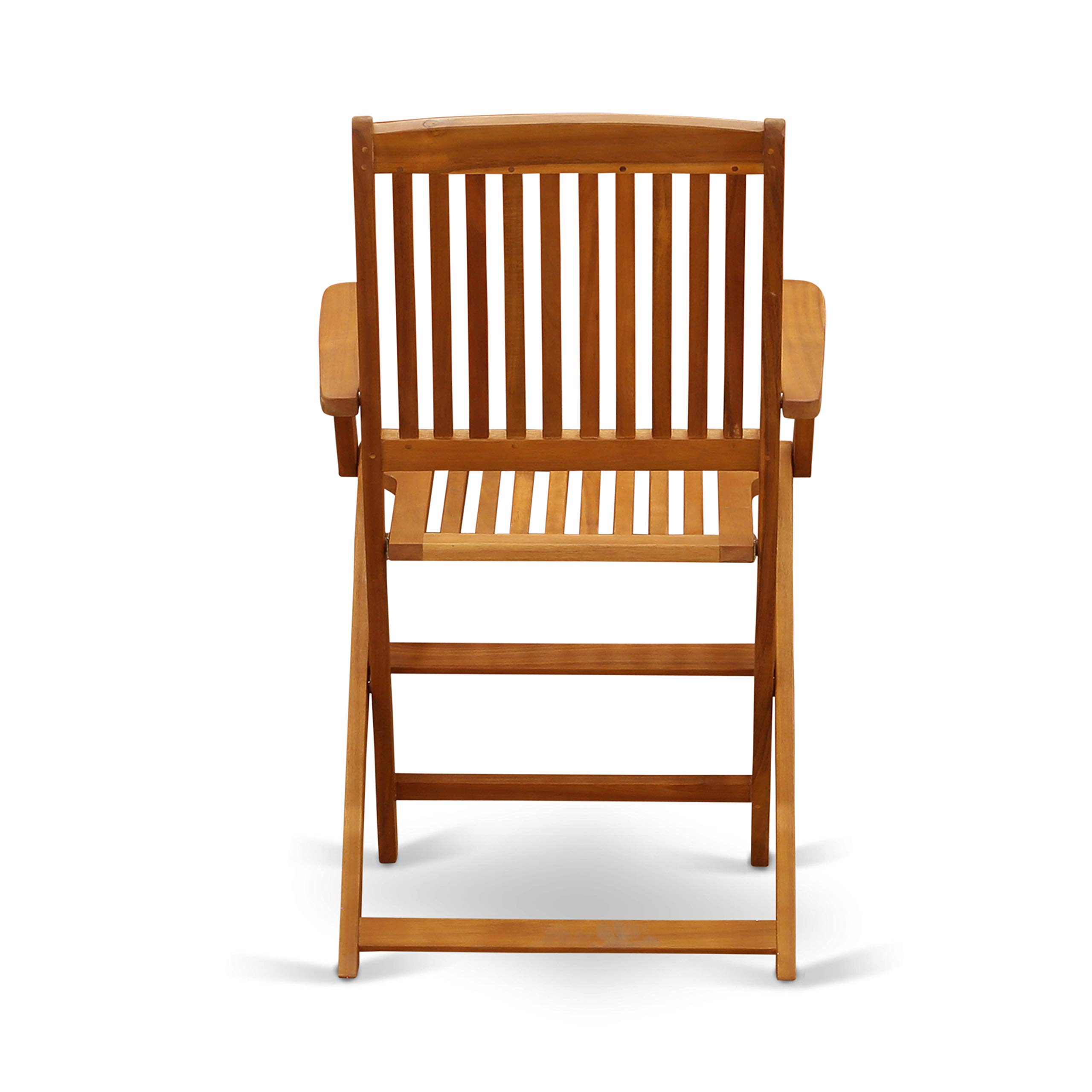 East West Furniture MNCM3CANA Marion 3-Piece Patio Bistro Set - Round Acacia Wood Coffee Table & 2 Folding Arm Chairs, 30x30 Inch, Natural Oil Finish - Perfect for Outdoor Dining, Garden, Balcony or Backyard Relaxation