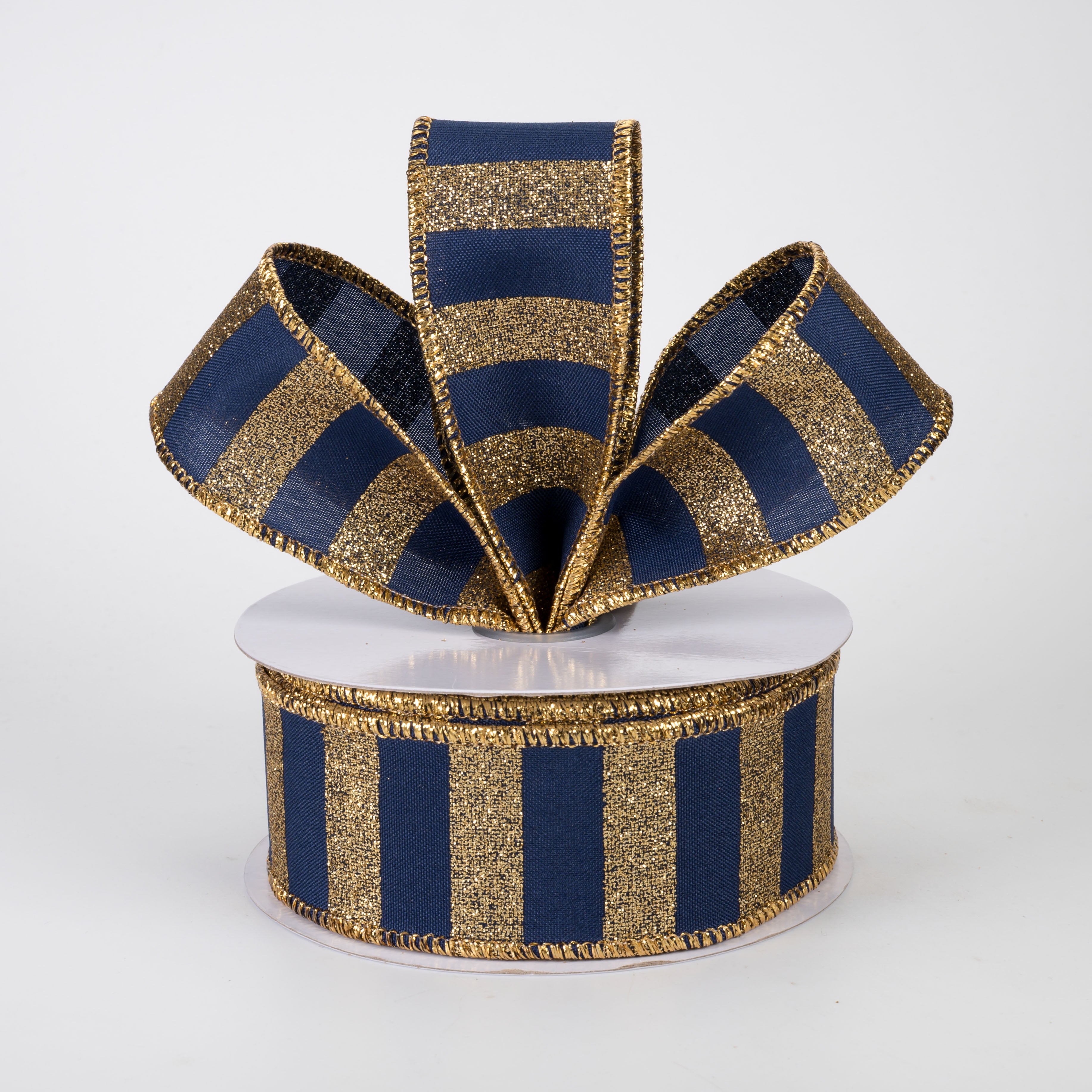 1.5 Inch Horizontal Glitter Stripes Ribbon - Gold on Navy Blue Decorative Ribbon (10 Yards) for Gift Wrapping, Party Decorations, Scrapbooking & DIY Crafts