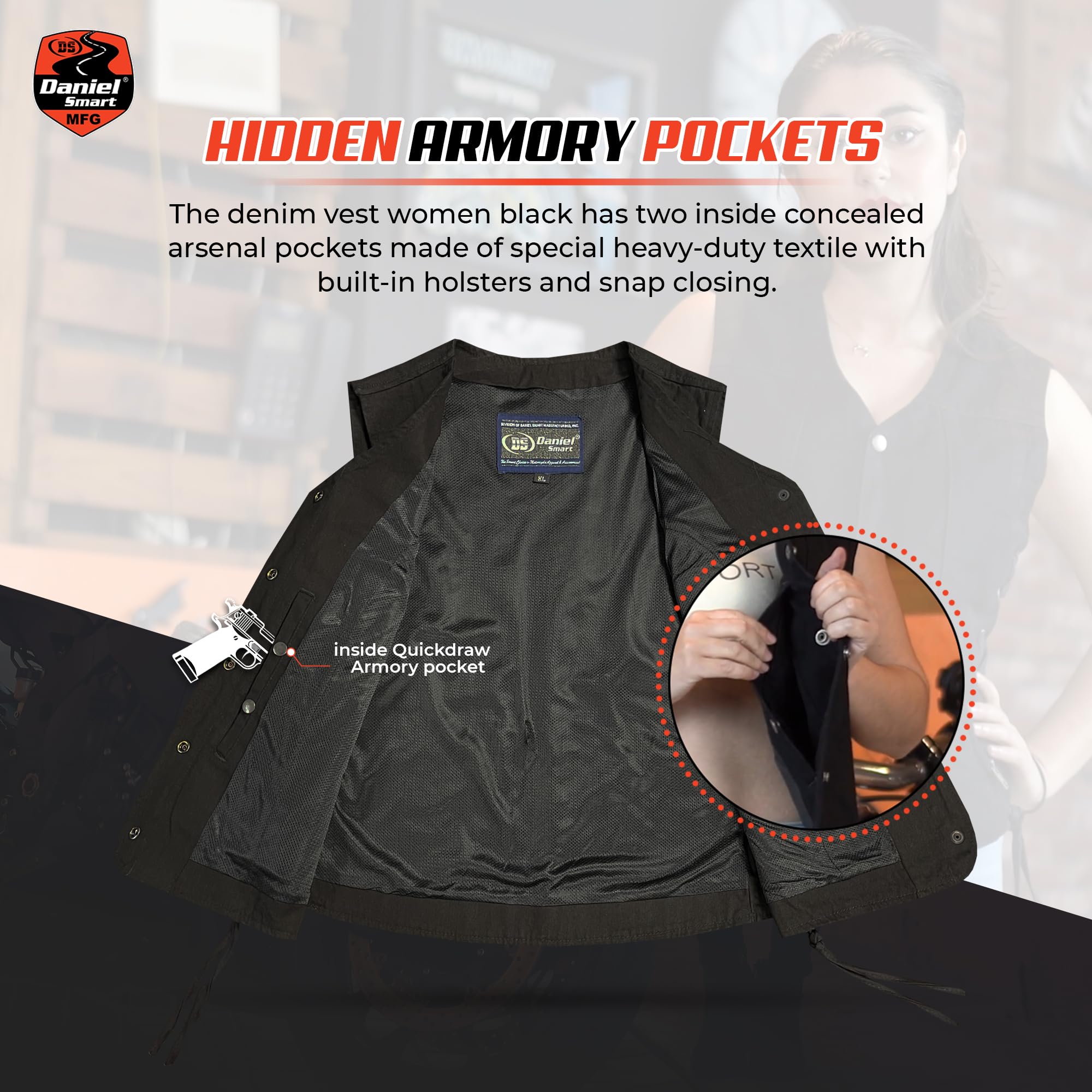 Daniel Smart Women's Denim Vest - V-Neck Black Jean Jacket with Side Lace-Up & Hidden Armory Pocket | Biker Fashion, Casual Outfit, Streetwear Style