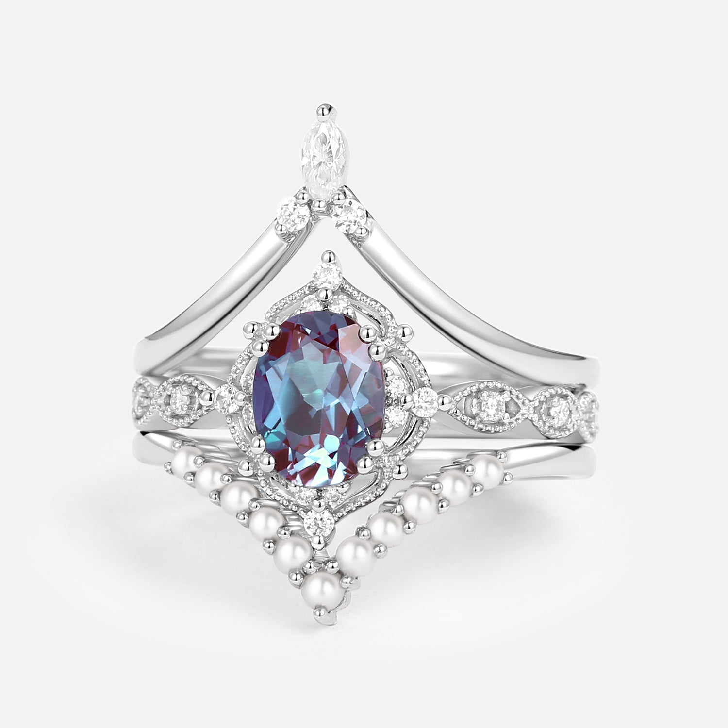 Oval Cut Alexandrite Pearl Vintage Ring Set - 3 Piece Bridal Jewelry for Engagement, Wedding & Anniversary Gifts