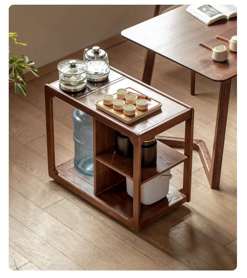 Premium Oak Solid Wood Folding Tea Table with Built-in Kettle - Perfect for Living Room, Garden, and Outdoor Tea Ceremonies