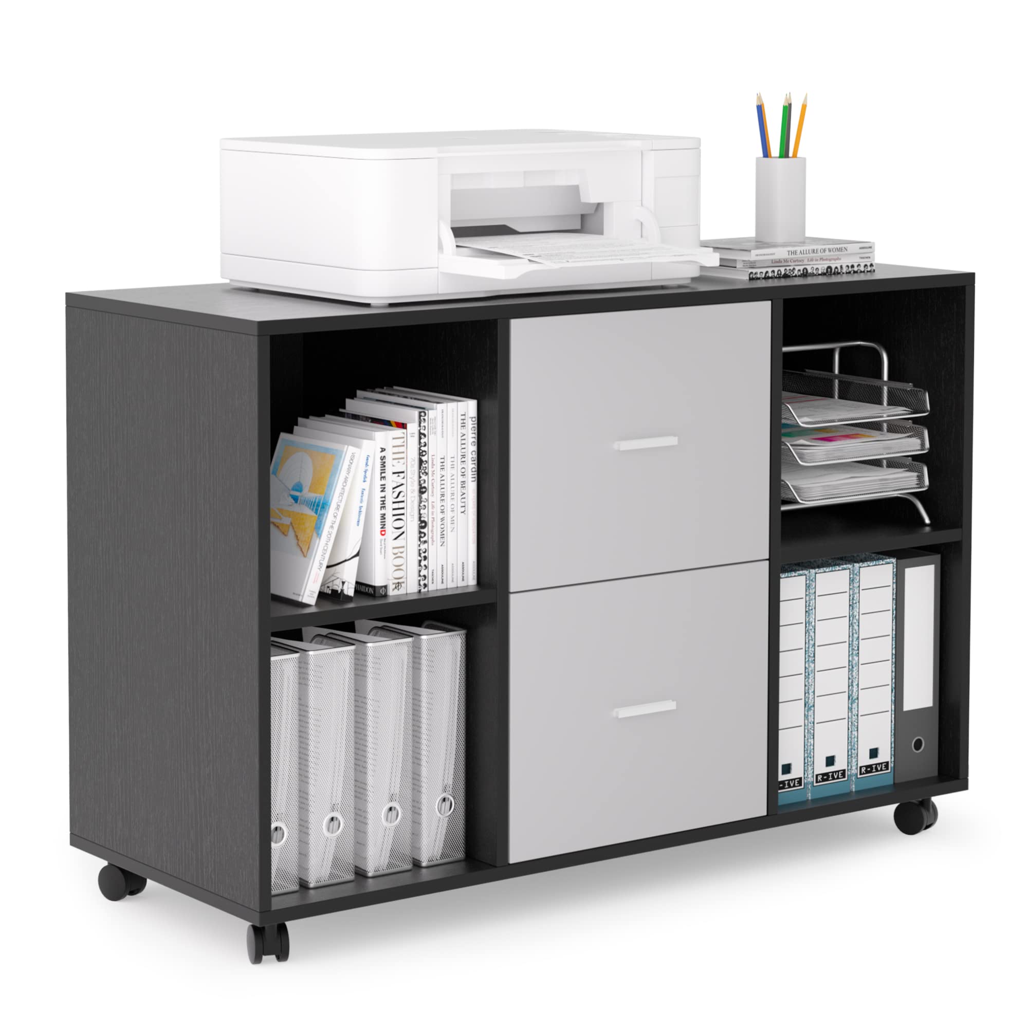 2-Drawer Mobile Lateral File Cabinet for Letter & A4 Size - Wooden Rolling Printer Stand with 4 Open Shelves - Home Office Storage Solution (Black & Light Gray) - Perfect for Document Organization & Printer Storage in Small Spaces